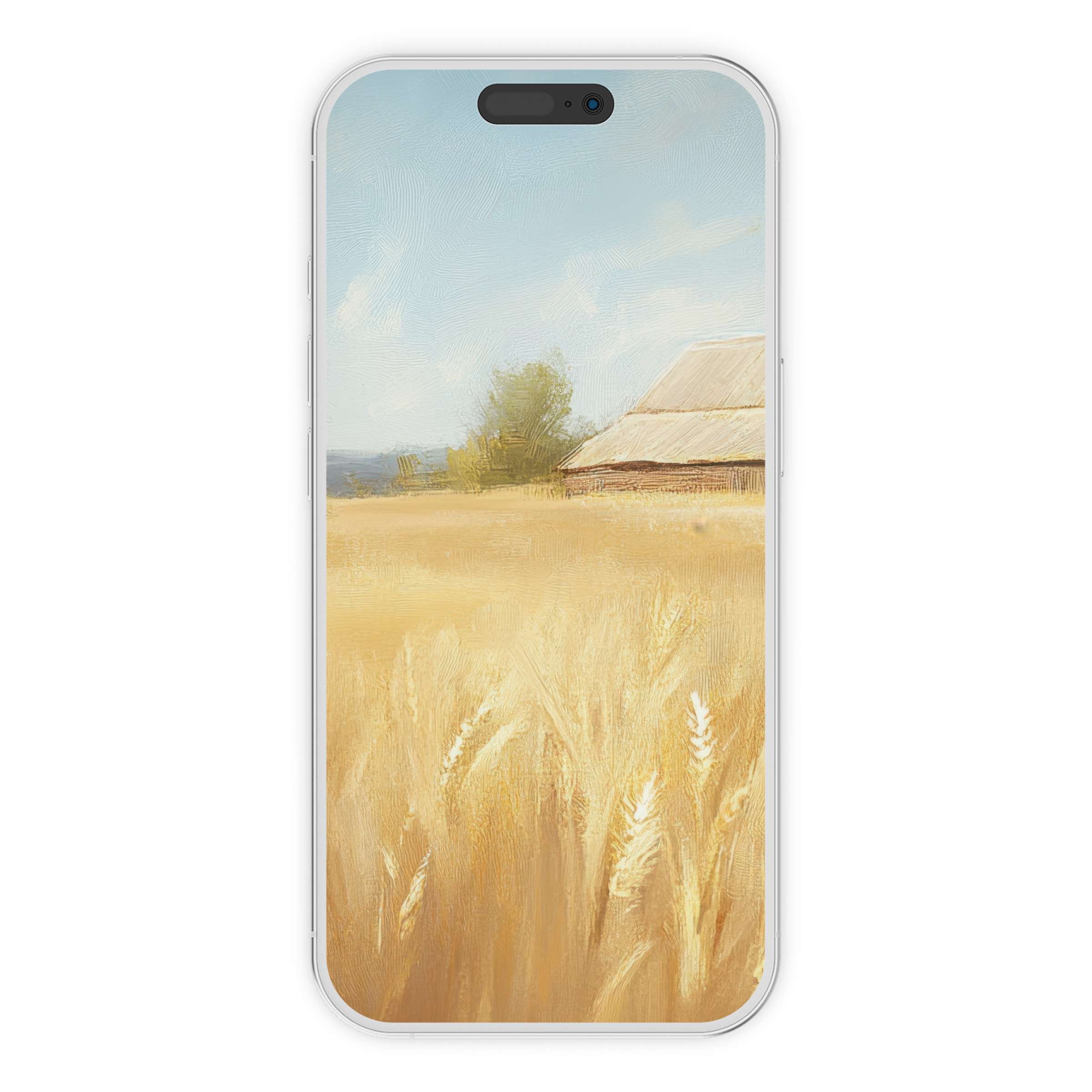 Elegant farmhouse iPhone wallpaper digital download with a serene wheat field background, ideal for iPhone and Android phone users