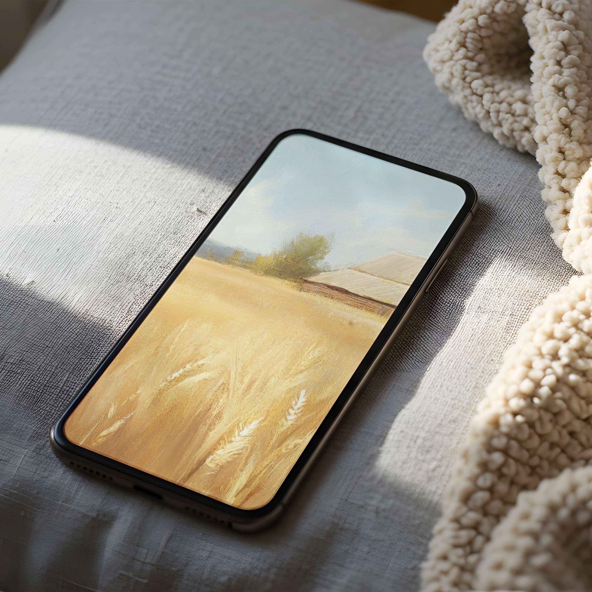 Serene landscape phone wallpaper in high resolution featuring golden fields and rustic barn, perfect for iPhone or Android digital download