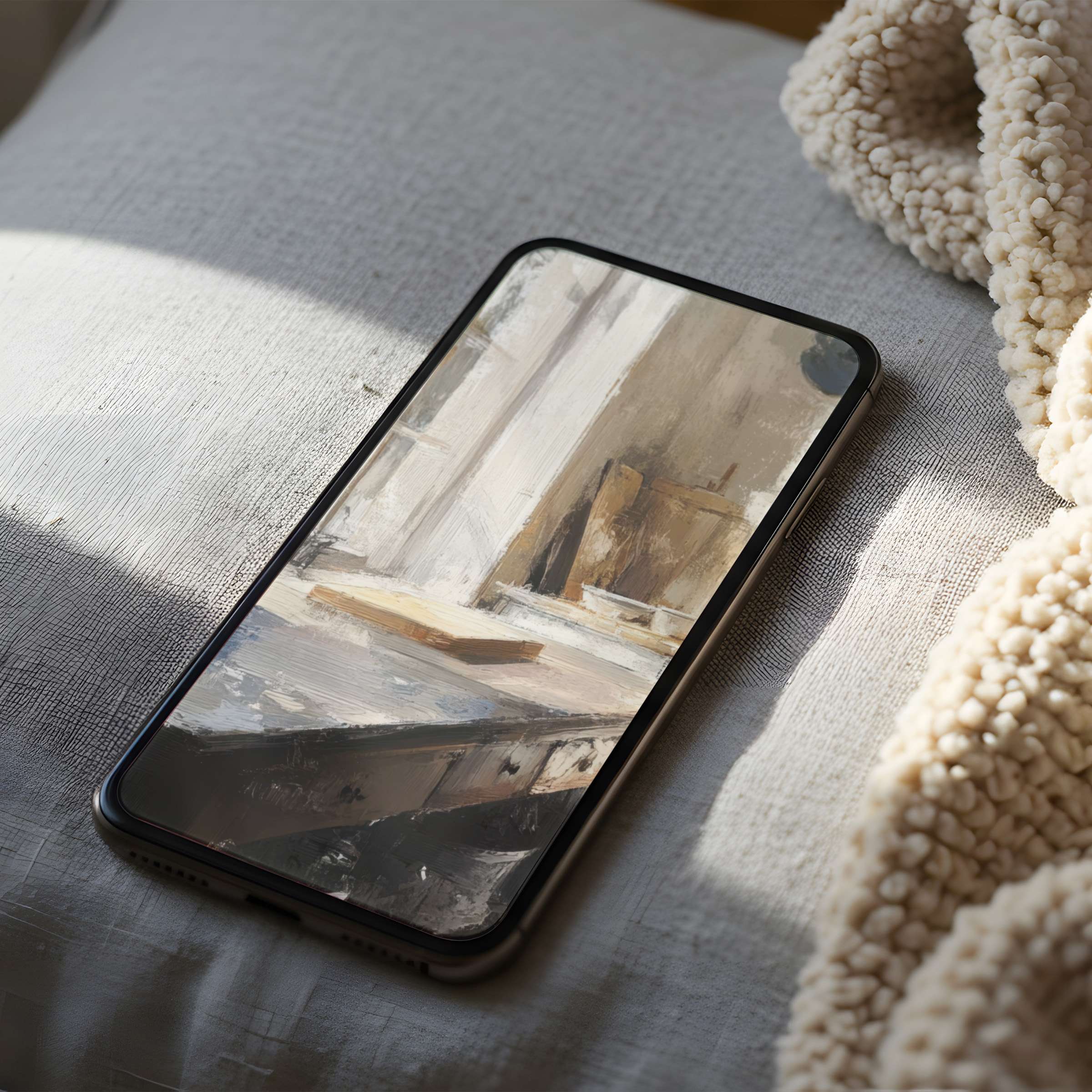 Elegant phone wallpaper featuring a serene, textured painting of a sunlit desk setting, perfect for iPhone and Android devices