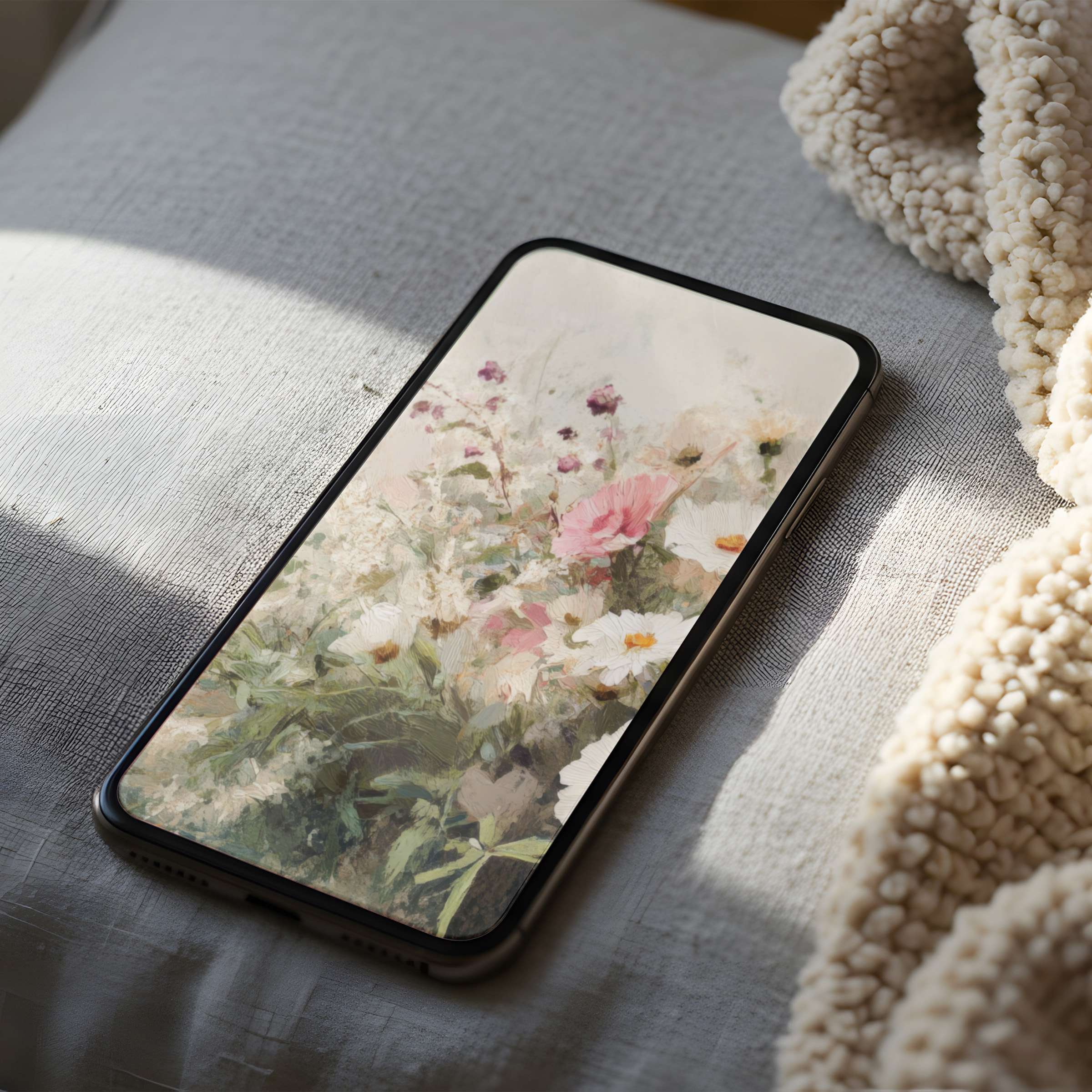 Delicate floral phone wallpaper with pastel hues adorns iPhone, adding serenity to interiors, ideal for iPhone and Android digital download