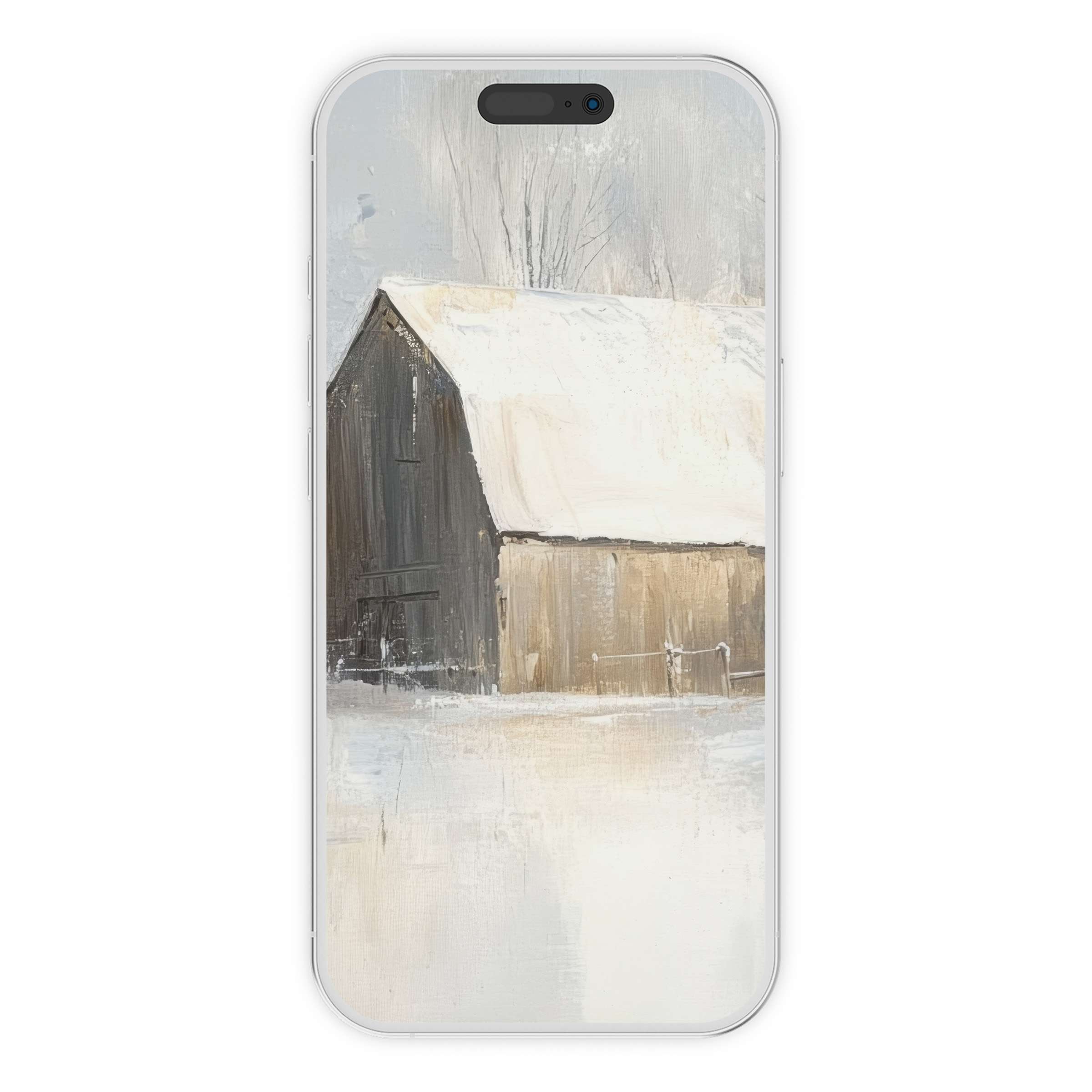 Farmhouse iPhone wallpaper depicts a serene winter barn scene in soft grays and whites, offering an artistic phone background digital download