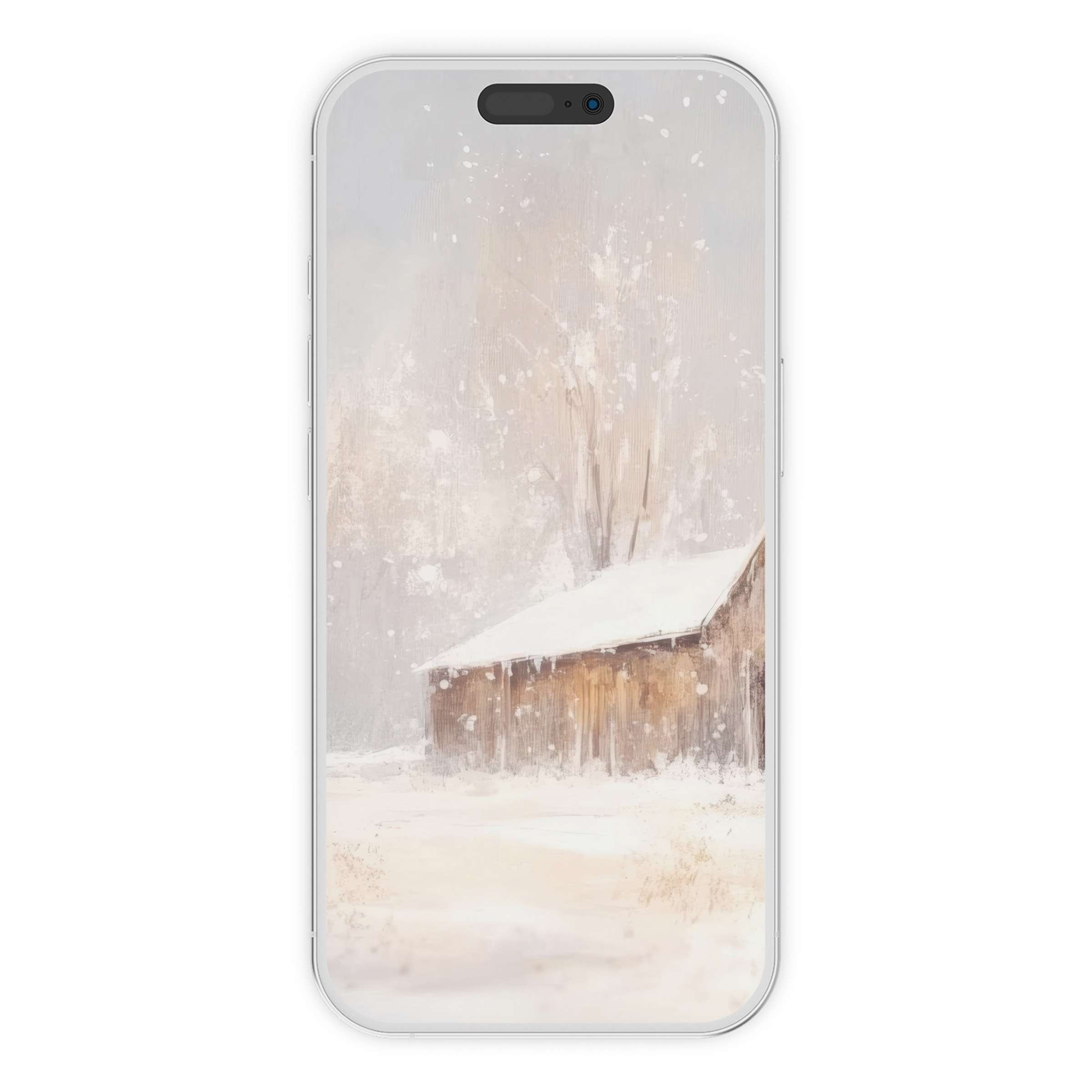 Serene farmhouse iPhone wallpaper featuring a snowy barn scene for a calming phone background, perfect digital download for all devices