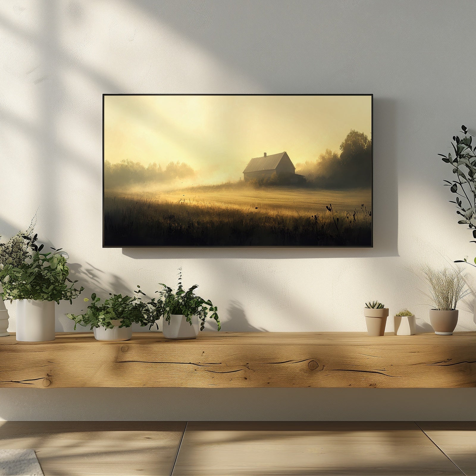 Farmhouse digital landscape painting with soft golden sunrise light, misty countryside field and rustic barn for calming Samsung Frame TV home decor
