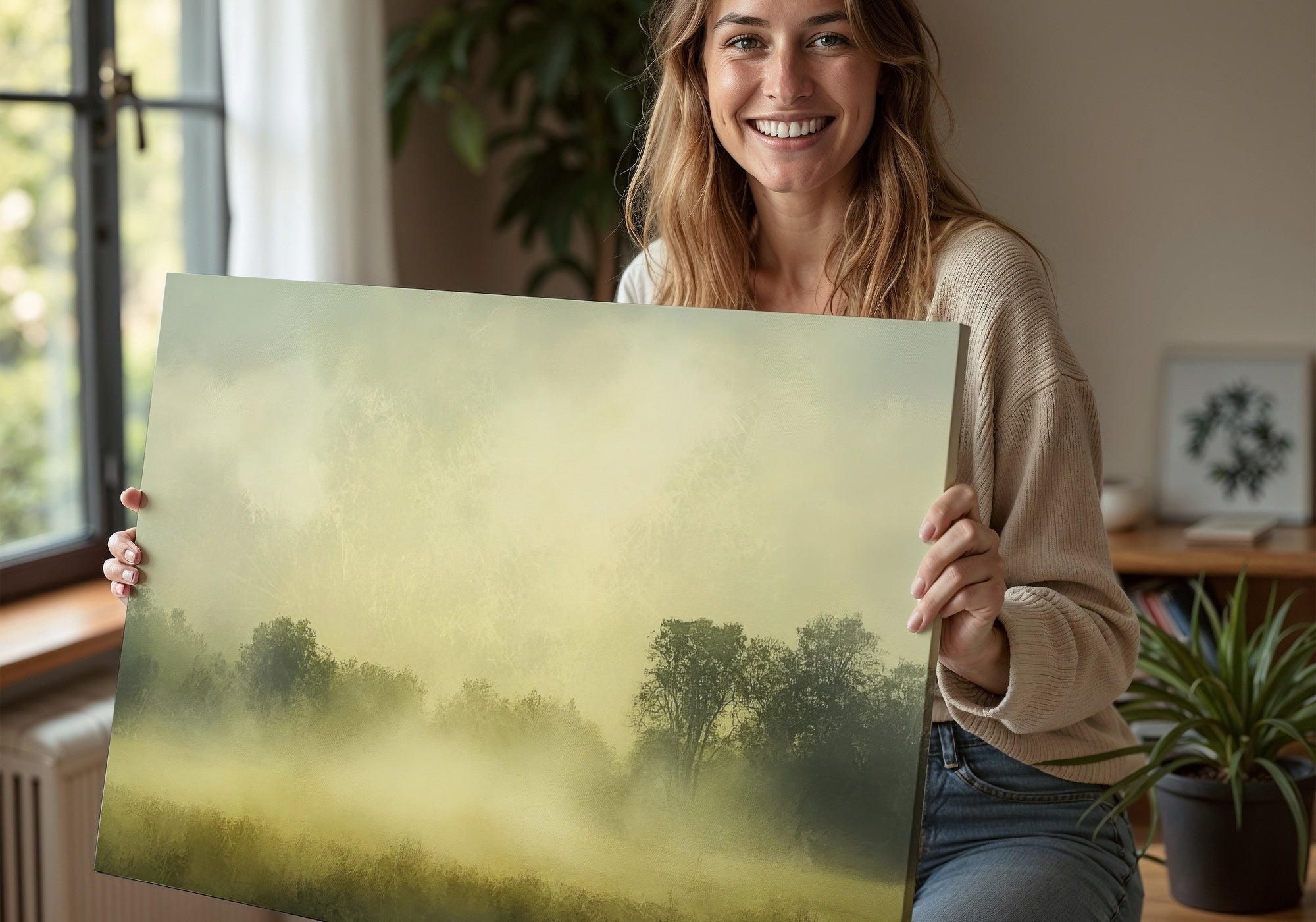 Farmhouse printable wall art featuring a serene misty landscape with soft morning light and distant trees, held by a smiling woman in a cozy indoor setting