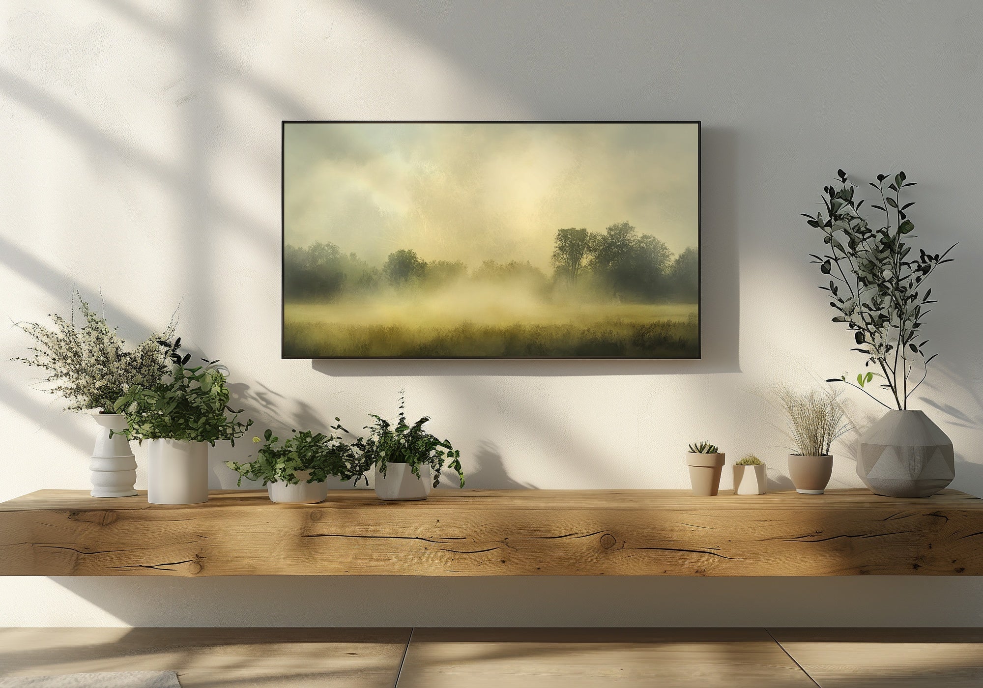 Farmhouse Frame TV Art featuring a serene misty morning landscape with golden sunlight and distant trees, displayed above a wooden console with potted greenery in a cozy, rustic living room