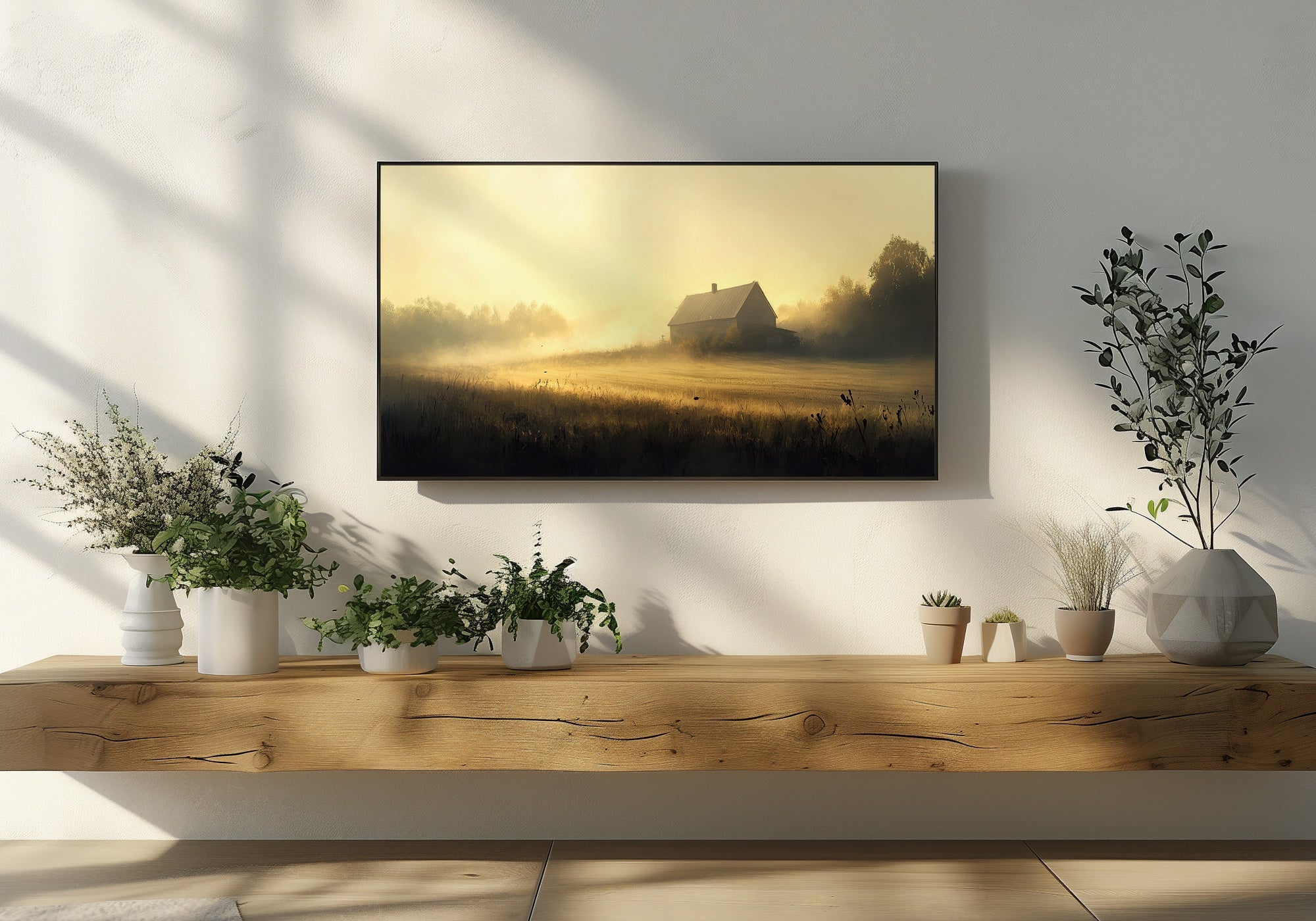 Cozy farmhouse landscape art displayed on a Samsung Frame TV, featuring a rustic barn in golden morning light surrounded by misty fields, styled in a modern living room with wooden shelf and green plants