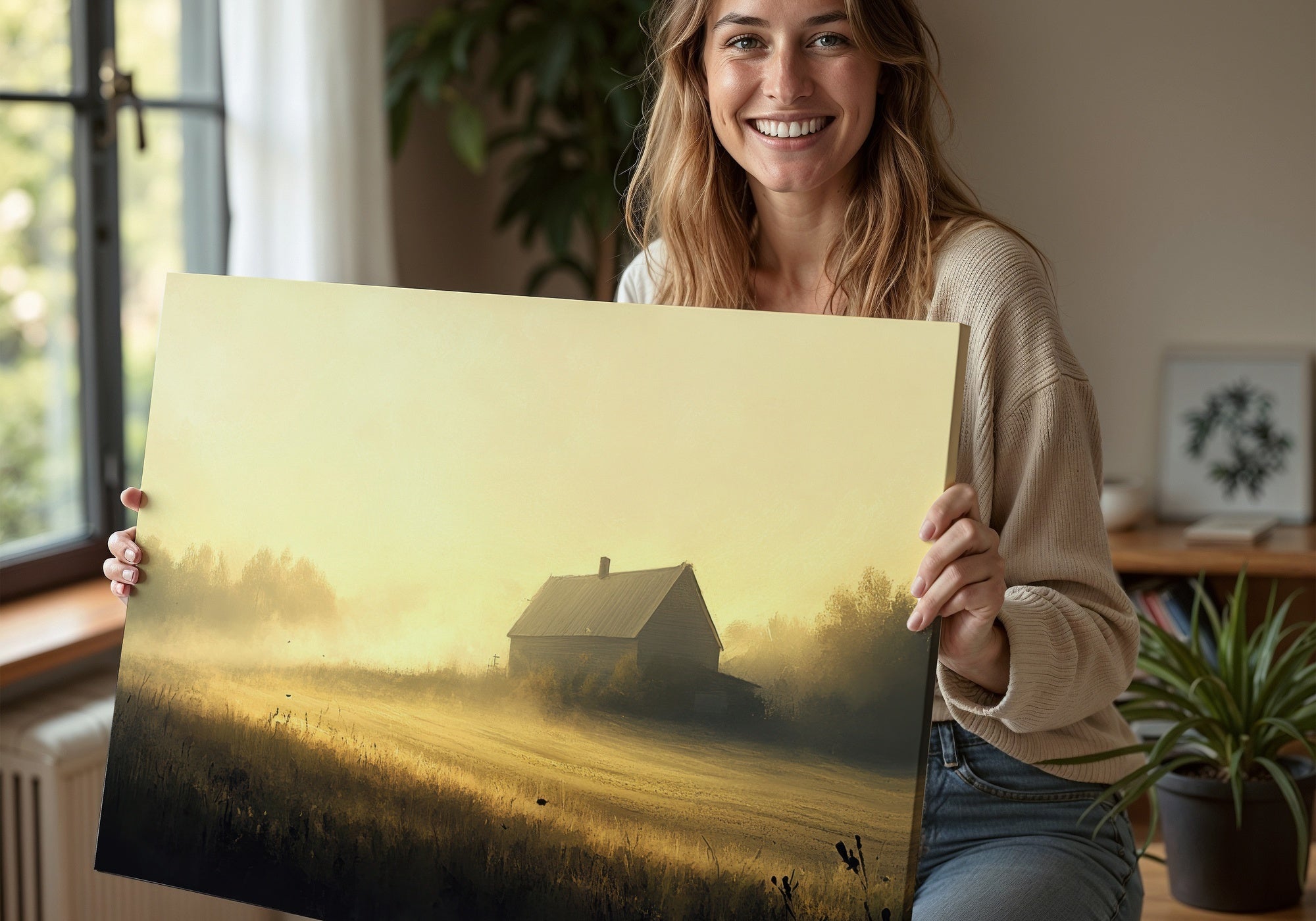 Woman holding a rustic farmhouse art print featuring a sunlit rural landscape with a wooden barn and misty morning light - perfect for Printable Wall Art decor