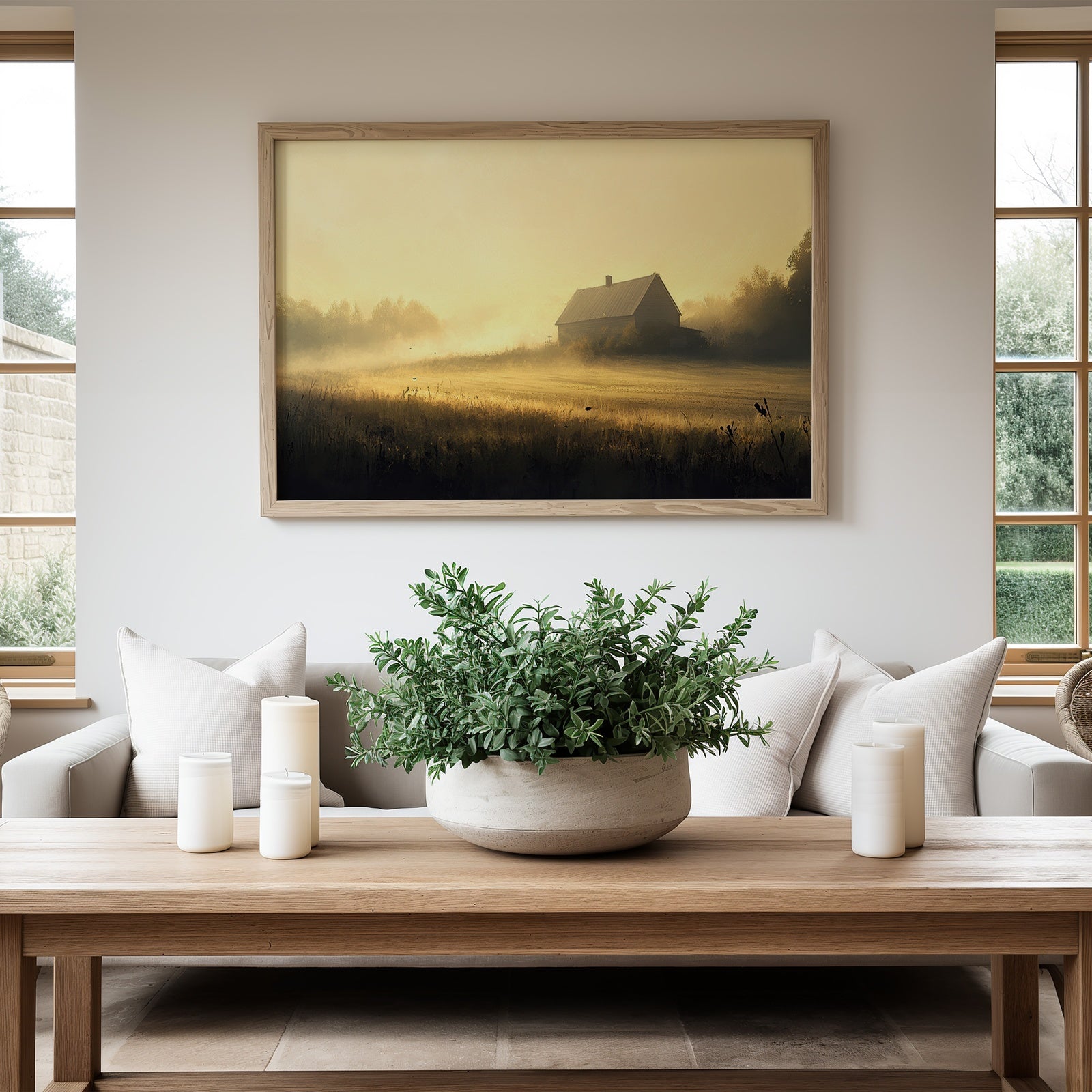 Bright farmhouse-style living room with neutral tones, featuring a framed art print of a rustic barn in golden morning light above a wooden coffee table with greenery and candles