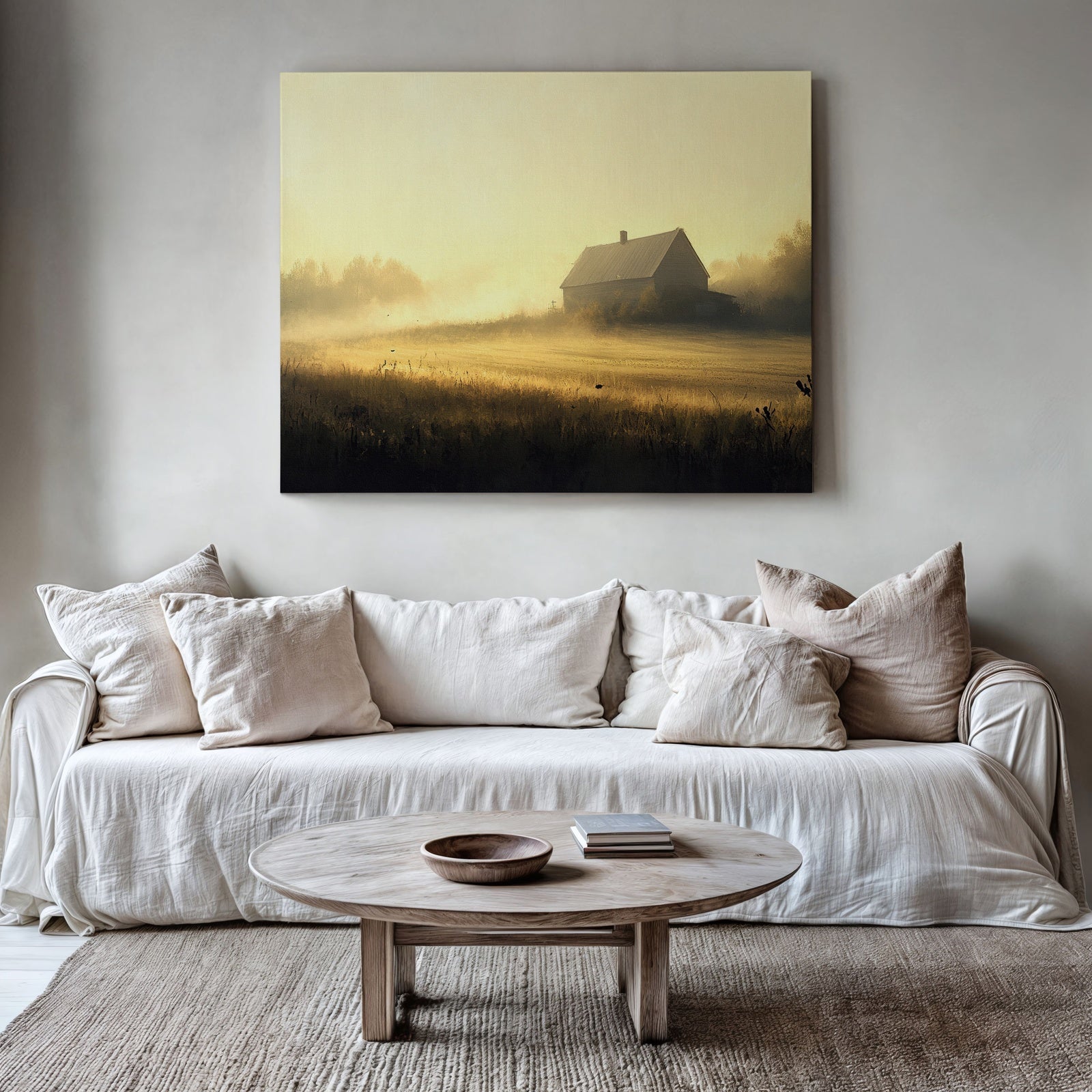 Farmhouse printable wall art featuring a rustic barn in soft golden morning light with misty fields, displayed above a neutral modern sofa with cozy textures and warm natural decor