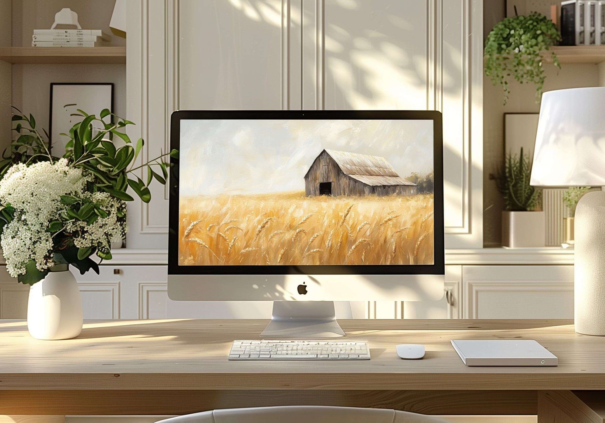 Farmhouse desktop wallpaper featuring a rustic barn surrounded by golden wheat fields under soft sunlight, displayed on an iMac in a bright modern home office - perfect for adding warmth and countryside charm to your workspace