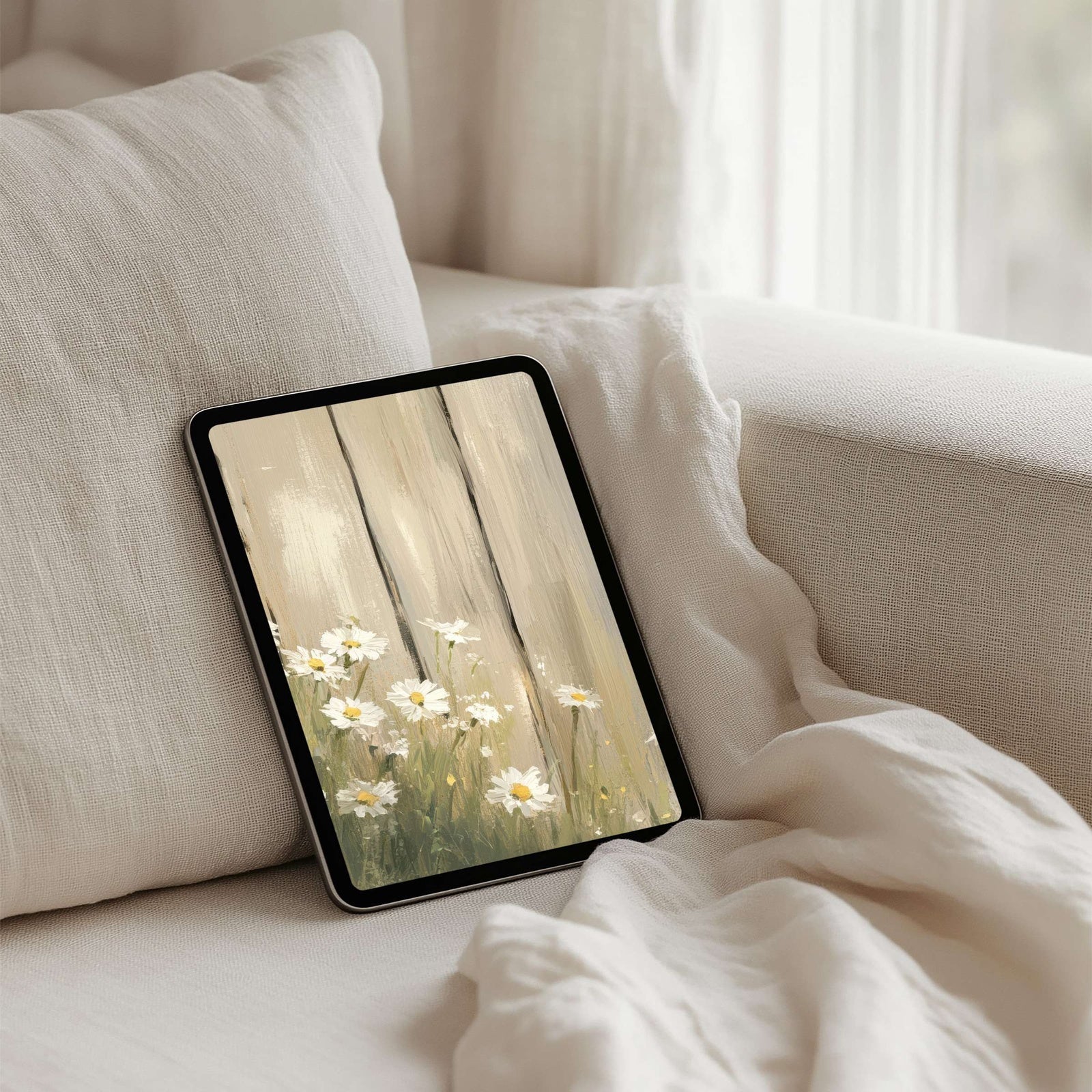 Farmhouse iPad wallpaper with white daisies blooming beside a rustic wooden door, soft beige tones creating a warm, country-inspired tablet background perfect for a cozy digital aesthetic