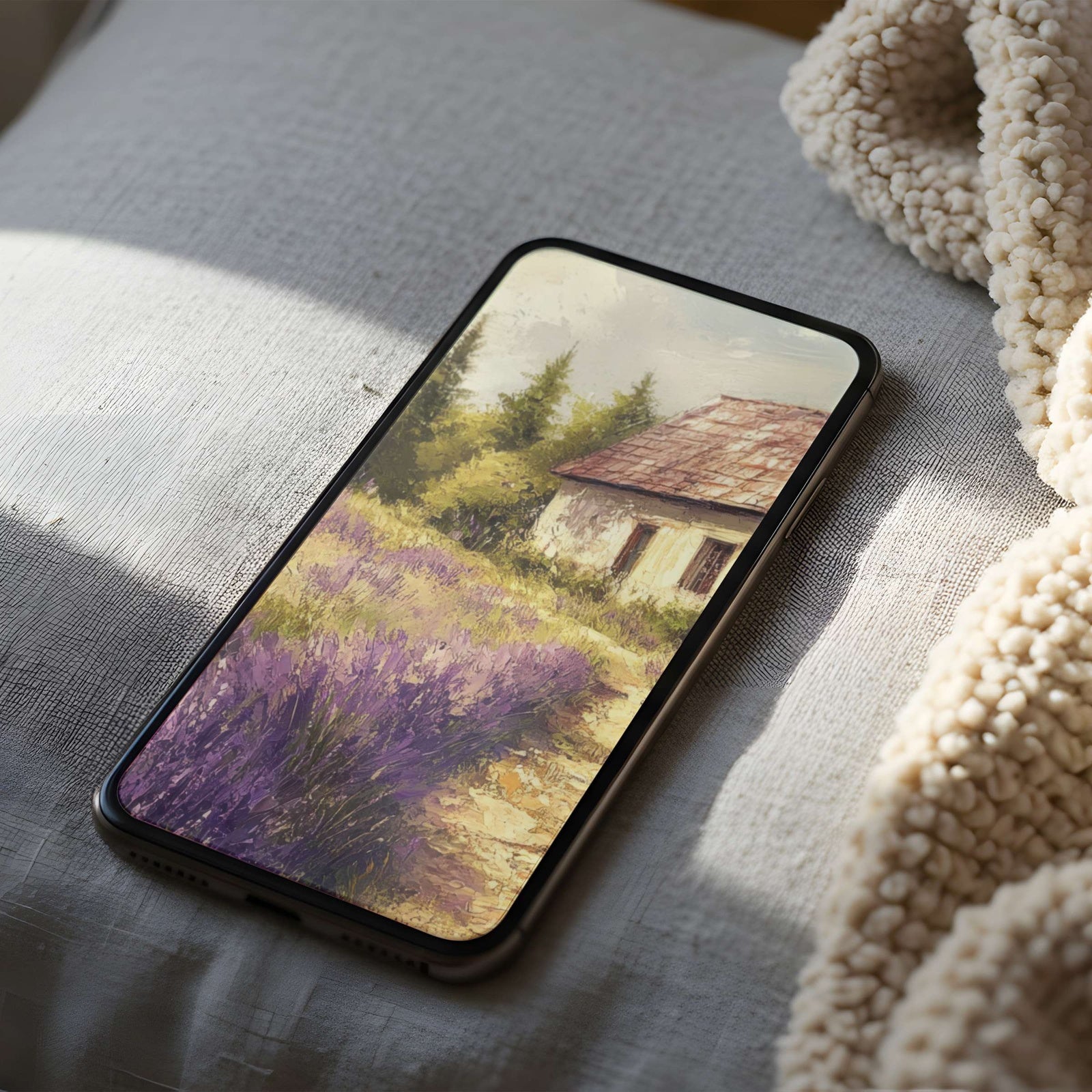 Farmhouse phone wallpaper featuring a cozy cottage beside a lavender field, painted in warm, soft tones - a calm and romantic country-inspired background for a serene home screen