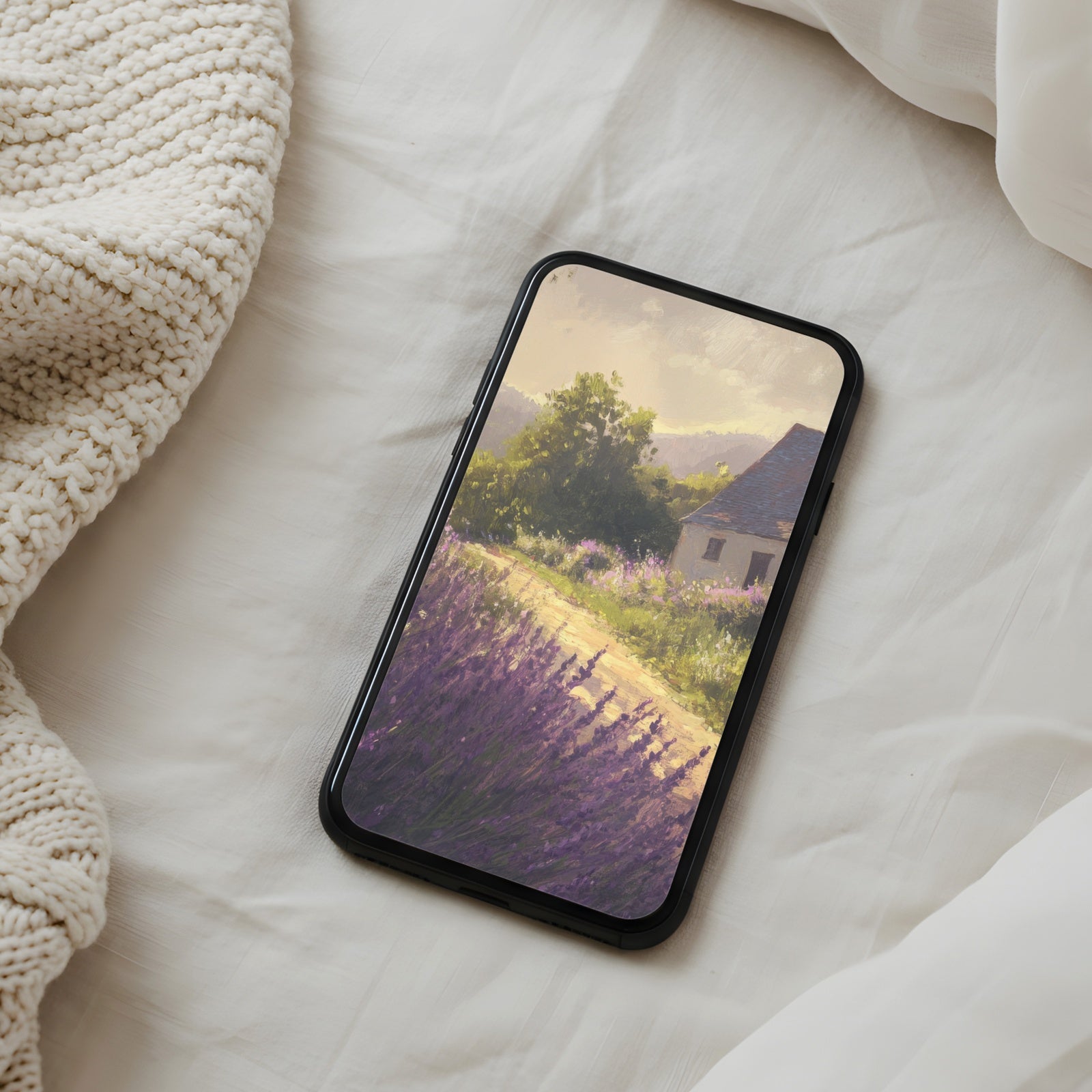 Dreamy phone wallpaper featuring a sunlit country cottage beside a soft lavender field, painted in warm, calming farmhouse tones for a peaceful and romantic summer atmosphere