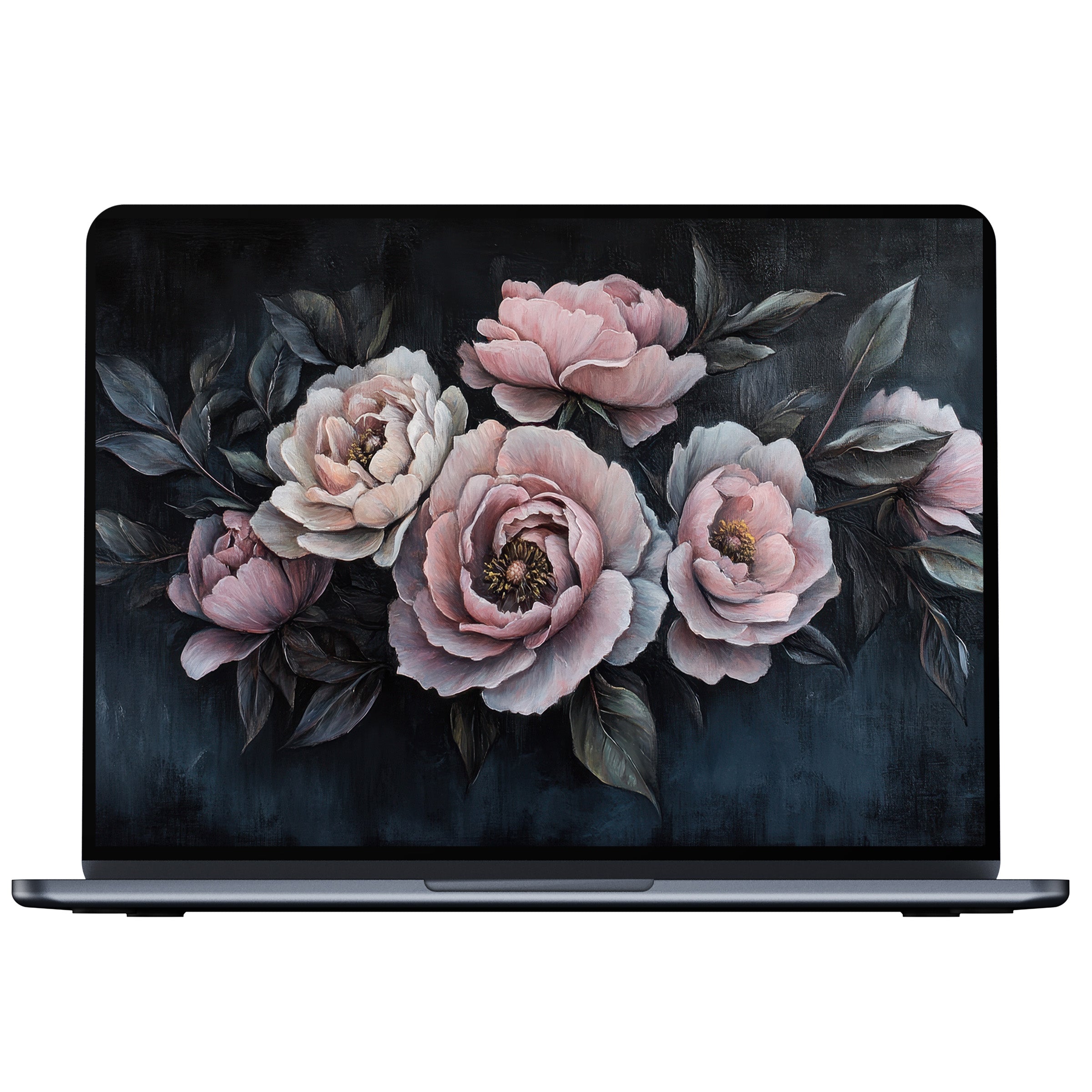 Elegant floral desktop wallpaper with soft pink peonies against a dark backdrop perfect for PC, laptop, digital download art