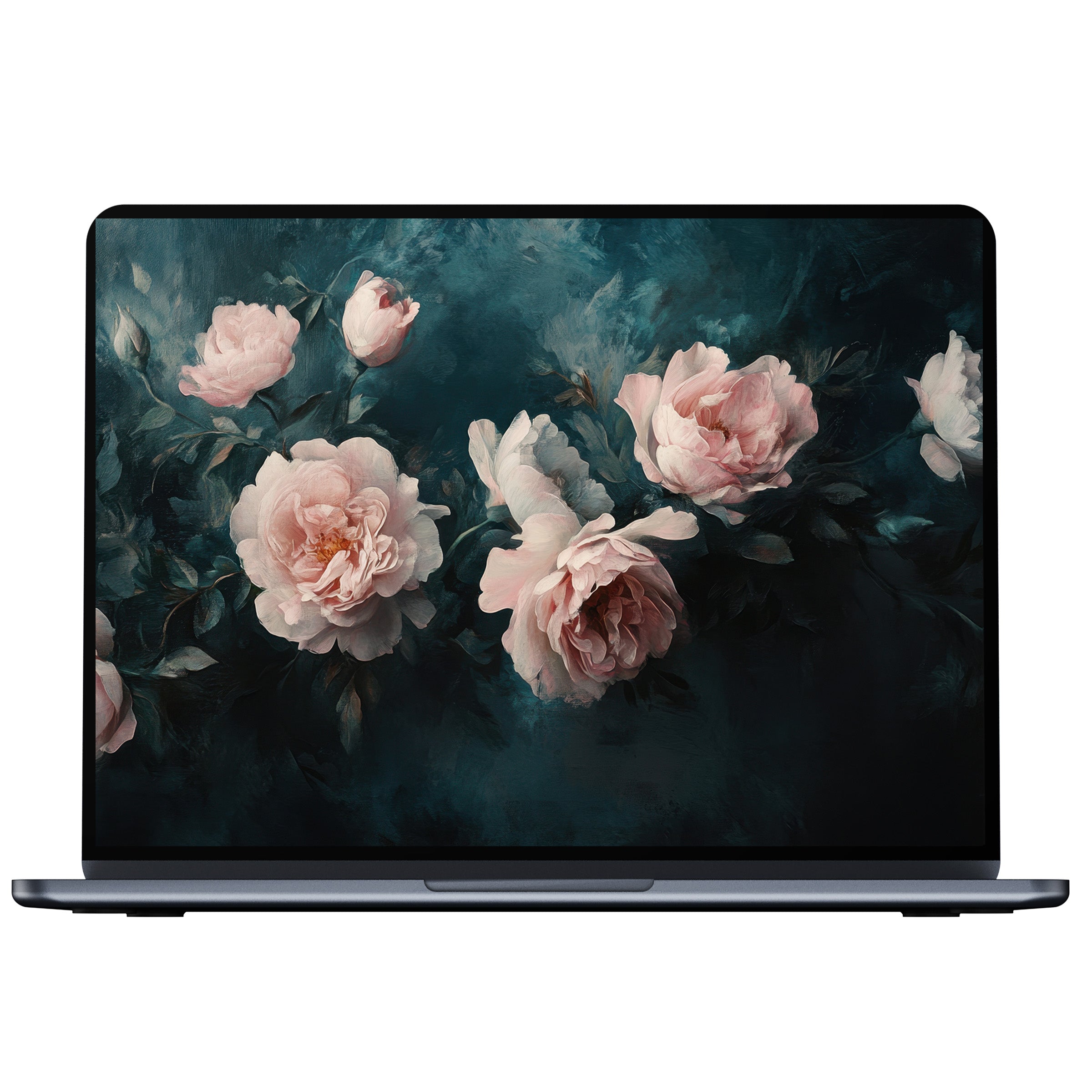 Floral desktop wallpaper digital download featuring elegant pink roses on a dark teal background for PC or laptop screens