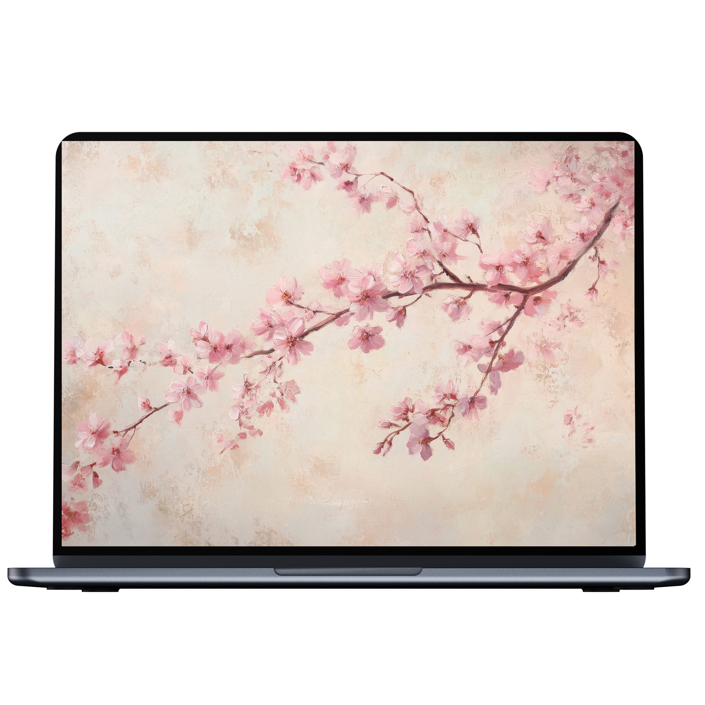 Floral desktop wallpaper with pink cherry blossoms on a textured background offers calm inspiration for PC, laptop digital download