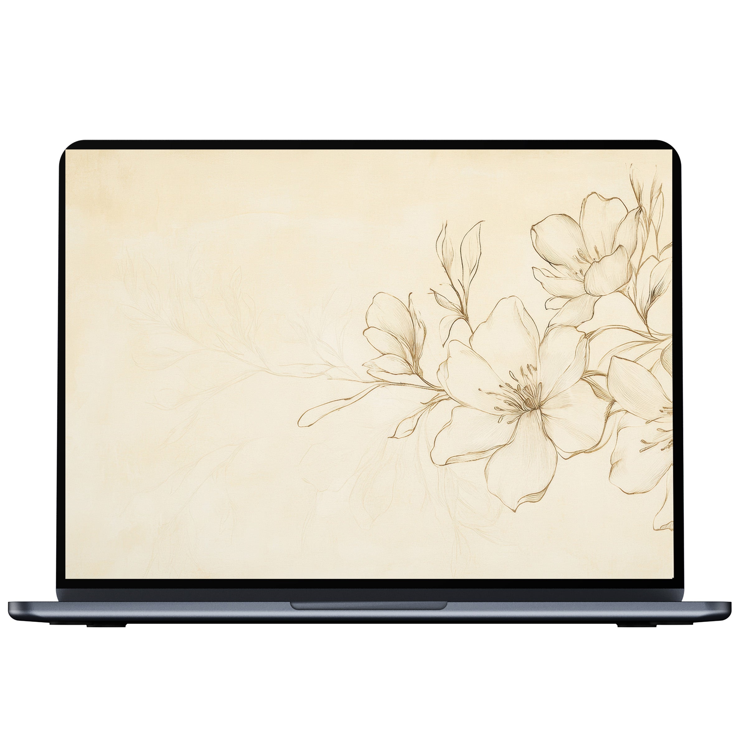Elegant floral desktop wallpaper digital download features calming beige hues with detailed sketches, ideal for stylish PC and laptop decor