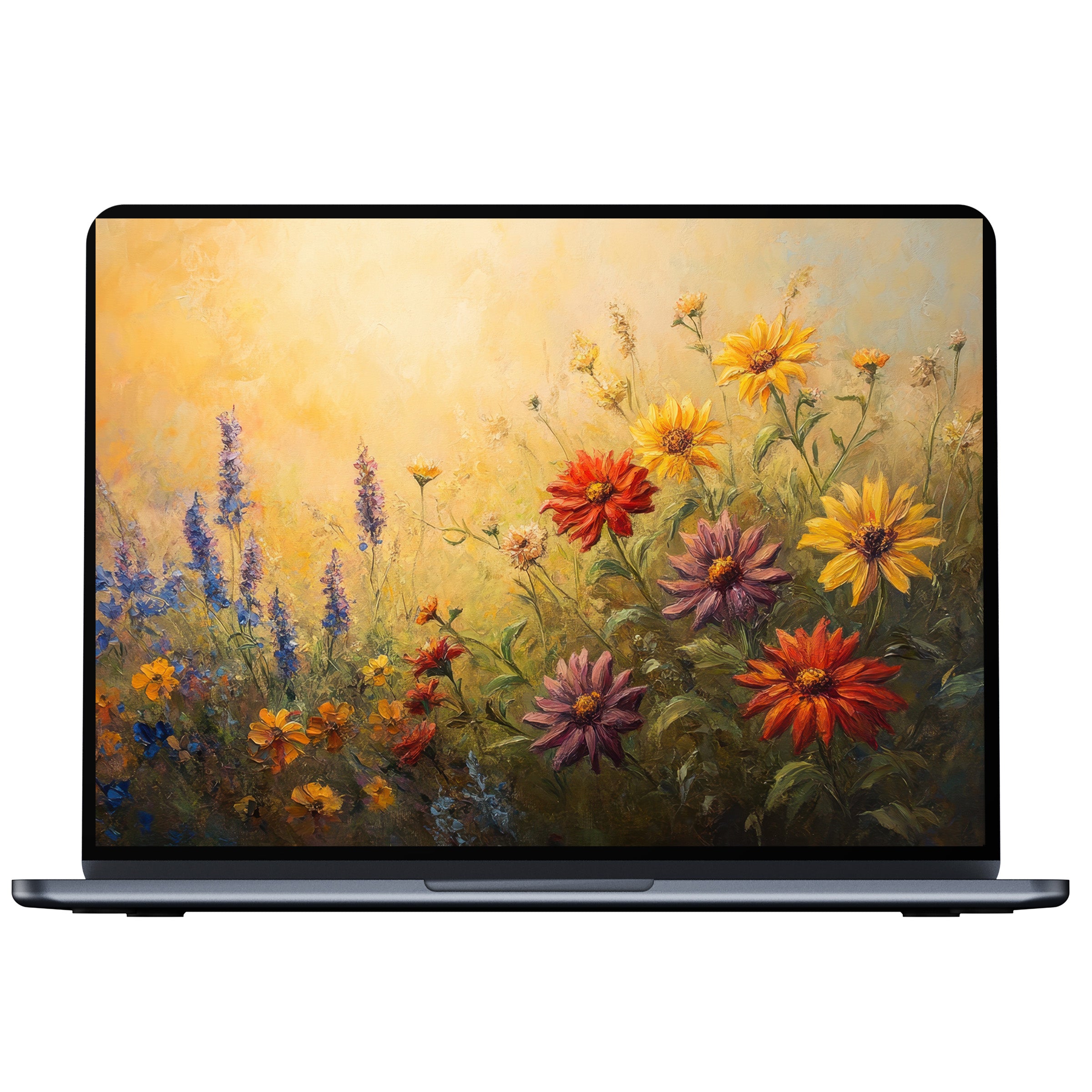 Floral desktop wallpaper digital download showcases vibrant wildflowers in a golden sunset palette perfect for PC or laptop screens