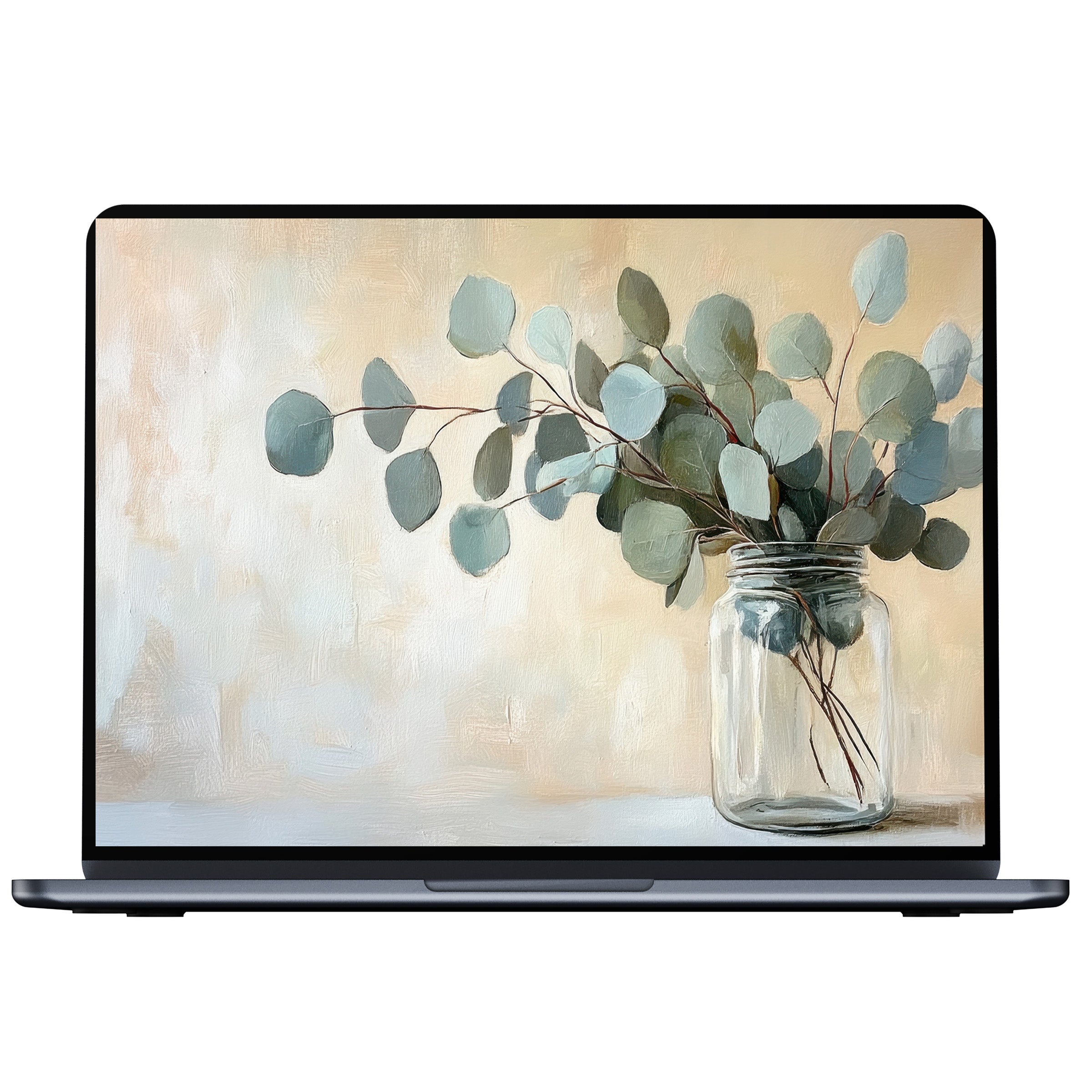 Elegant floral desktop wallpaper with eucalyptus leaves in a jar, perfect digital download for PC, laptop, and mindful aesthetic