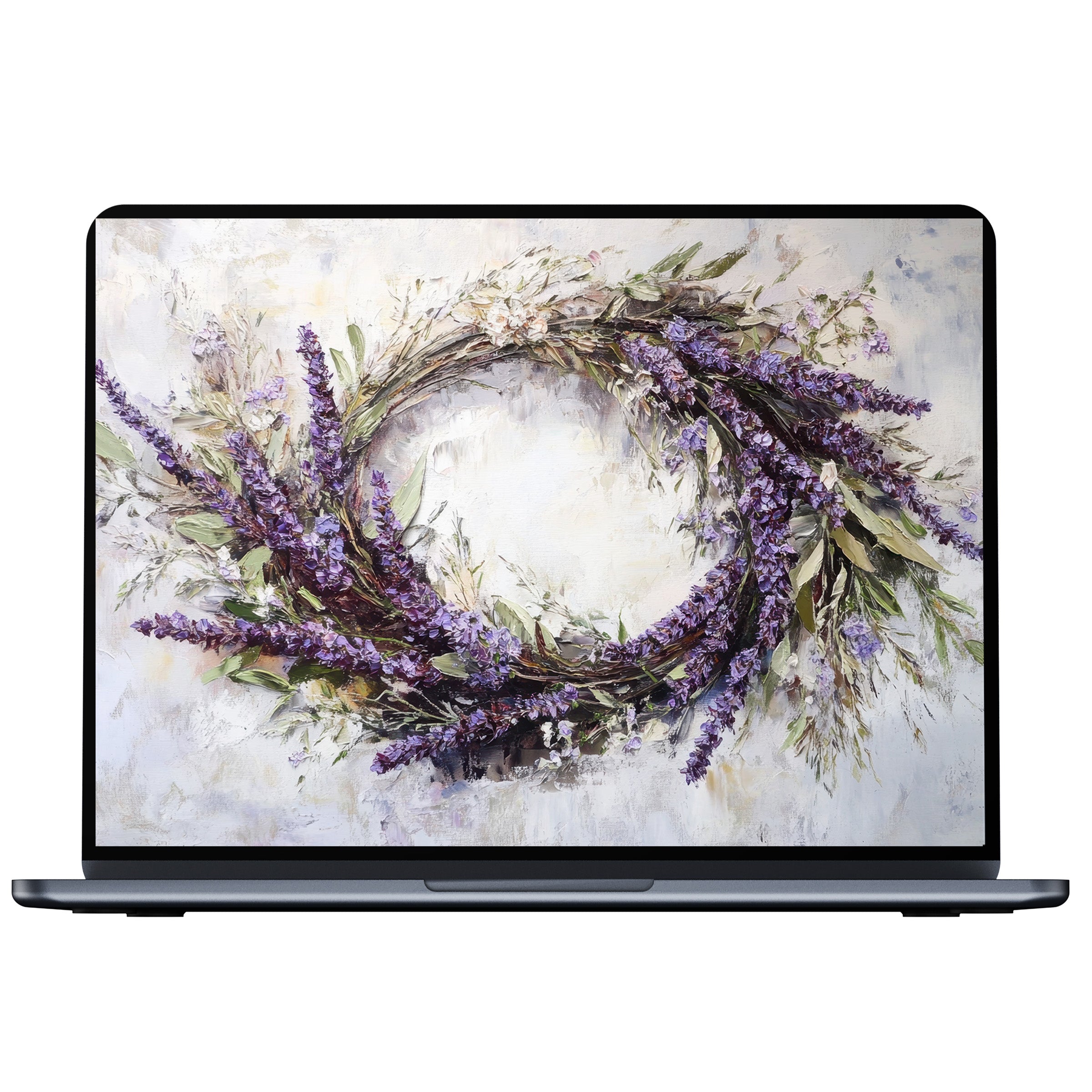 Elegant floral desktop wallpaper with lavender hues in wreath design, ideal digital download for calm on PC or laptop screens