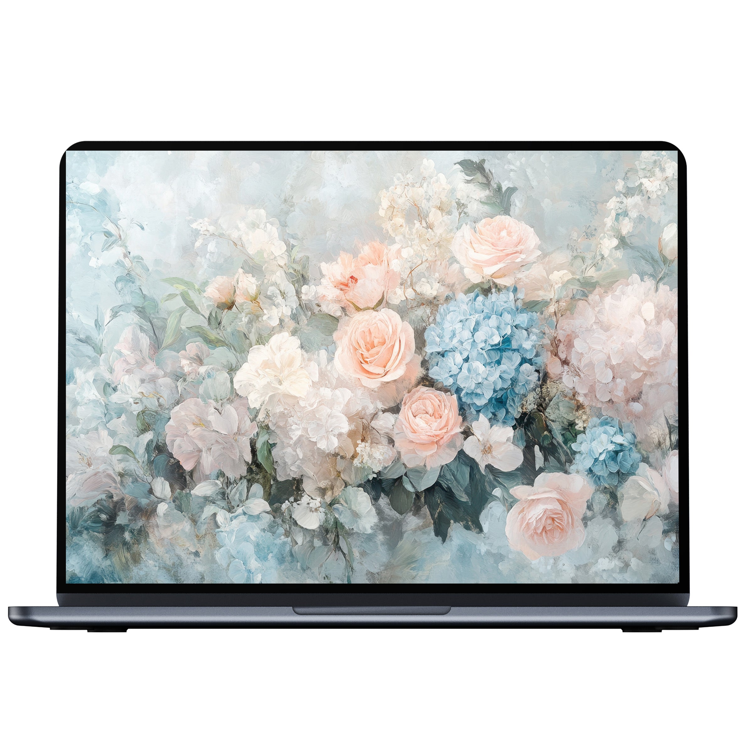 Floral desktop wallpaper digital download with soft pastel roses and hydrangeas brings elegance and calm to any pc or laptop screen
