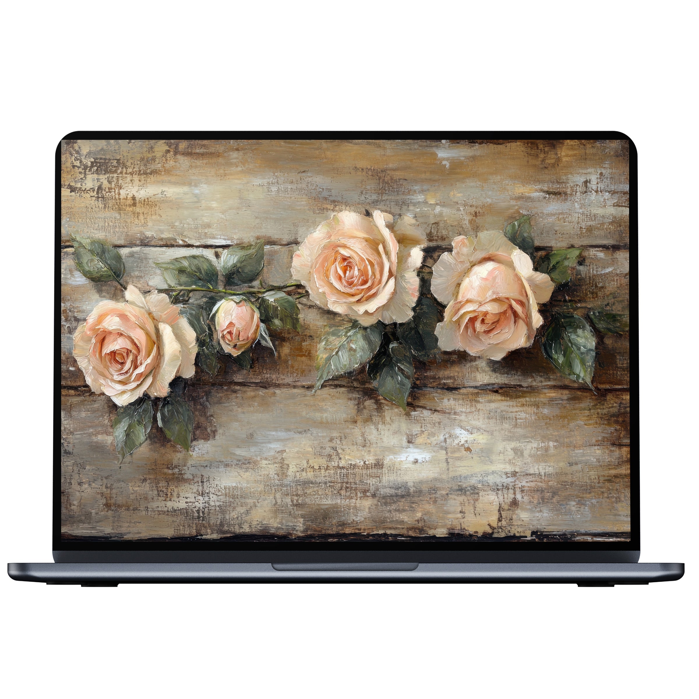 Floral desktop wallpaper digital download showcasing soft peach roses on rustic wood offers elegance and calm for PC and laptop screens