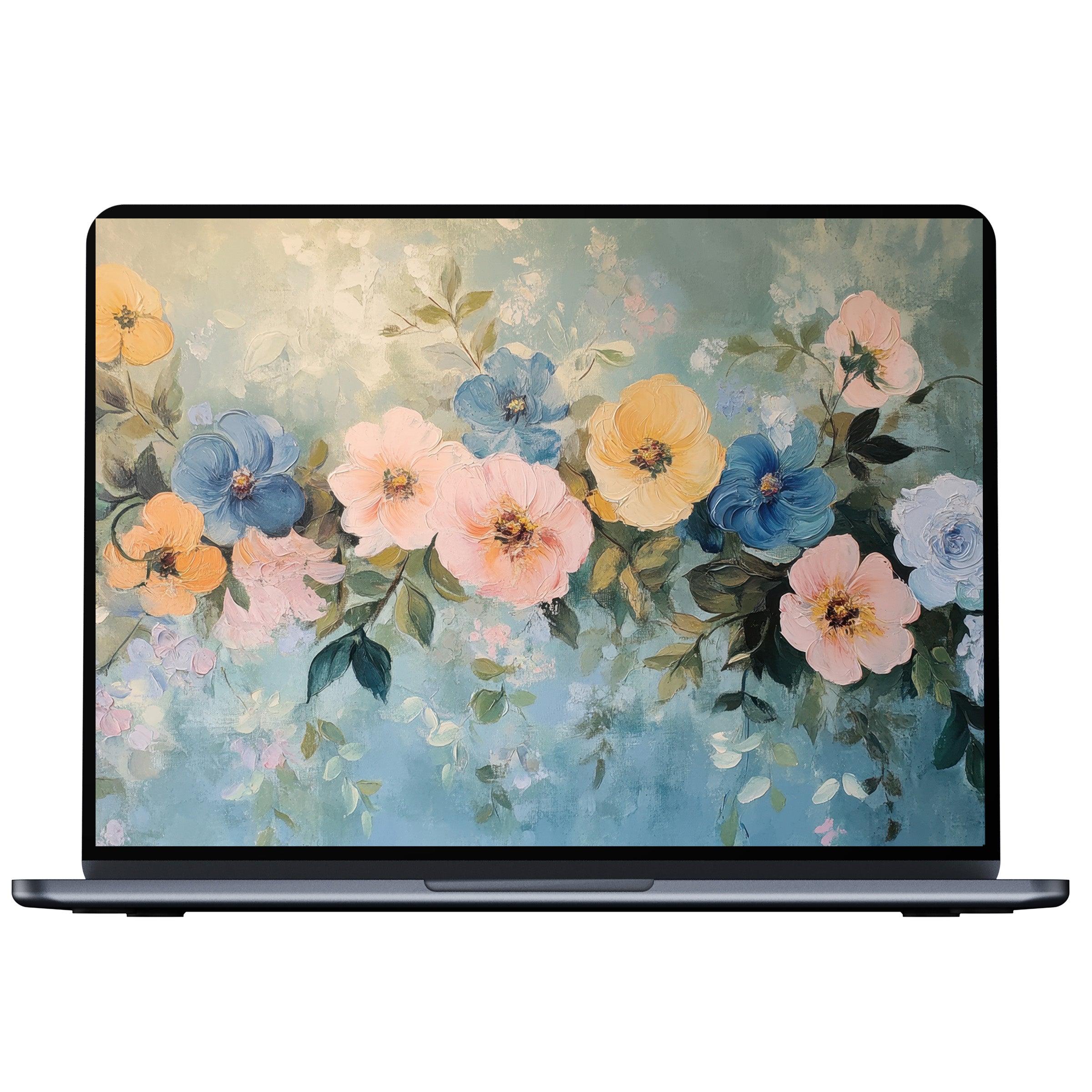 Elegant floral desktop wallpaper with pastel blossoms on a soft teal canvas offers digital download for PC or laptop calm inspiration