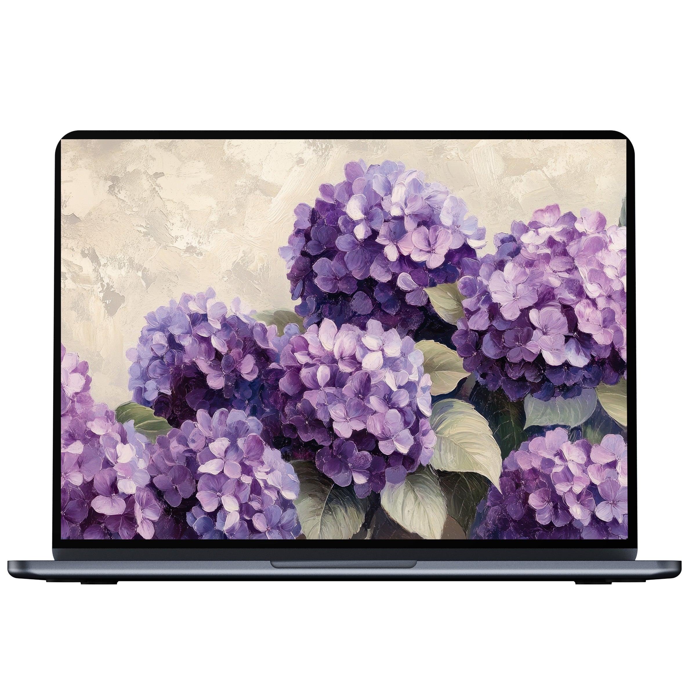 Elegant floral desktop wallpaper digital download features vibrant purple hydrangeas in a calming artistic style for PC or laptop
