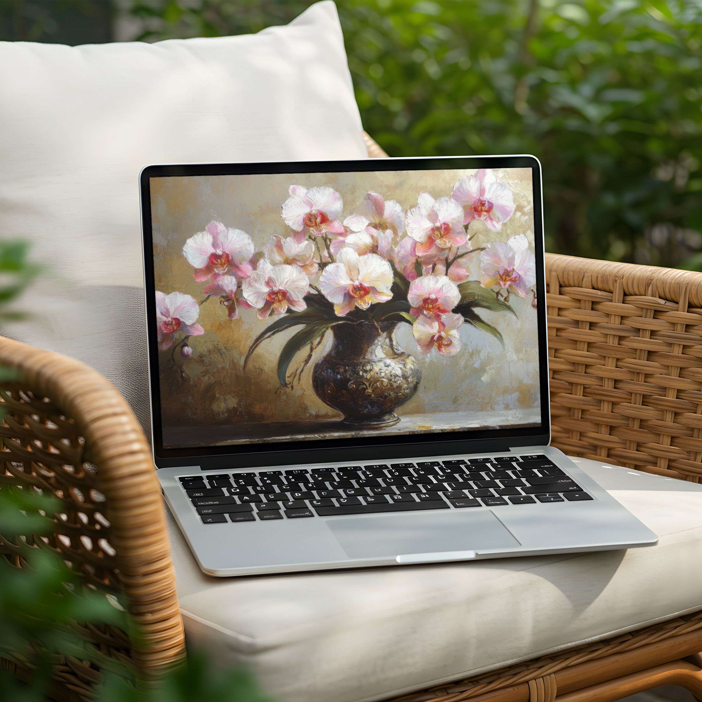 Elegant desktop background of delicate pink orchids in a vase, available for instant download on PC or Laptop, inspiring calm