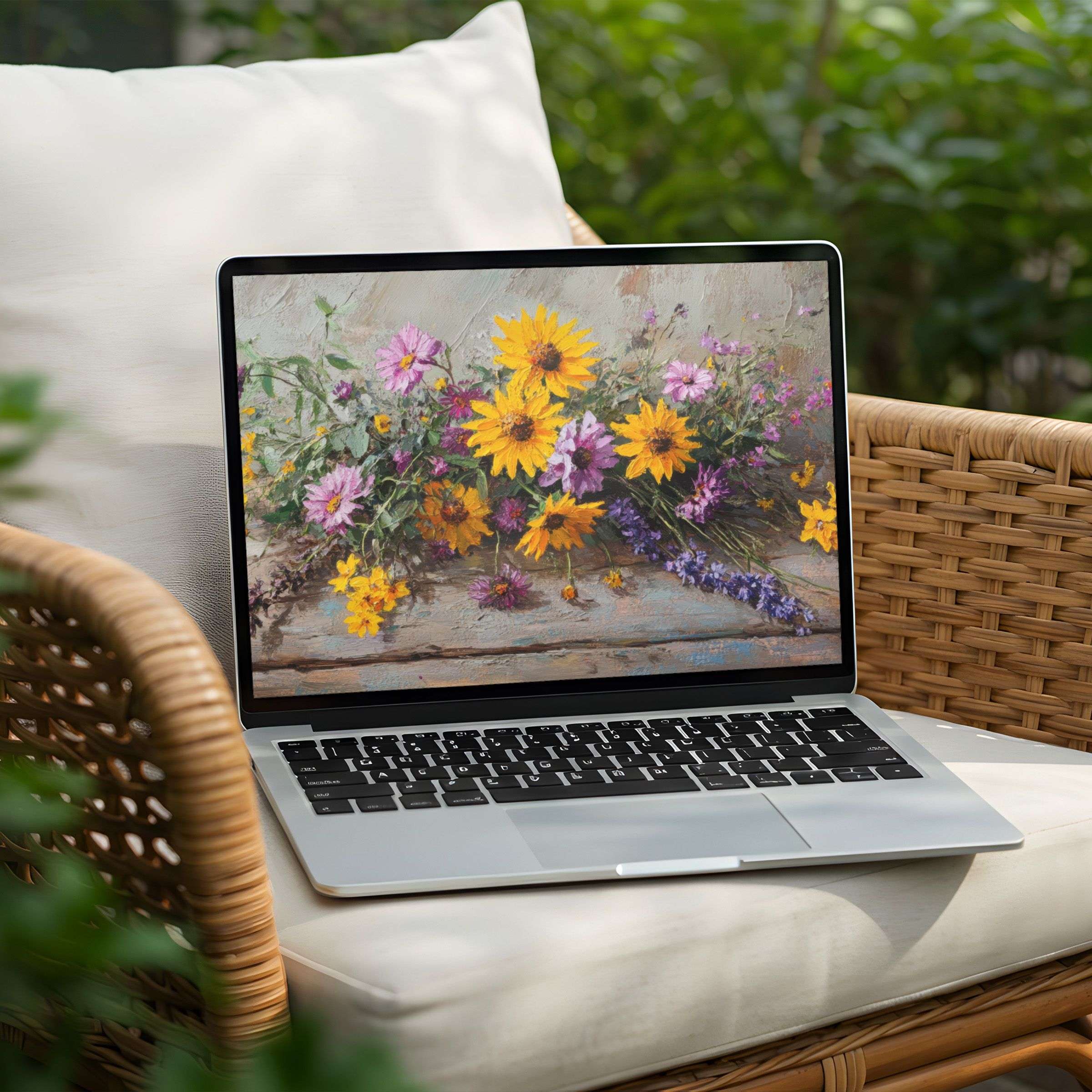 Bright floral art as a desktop background on a Laptop, offering instant download for peaceful inspiration on PC screens
