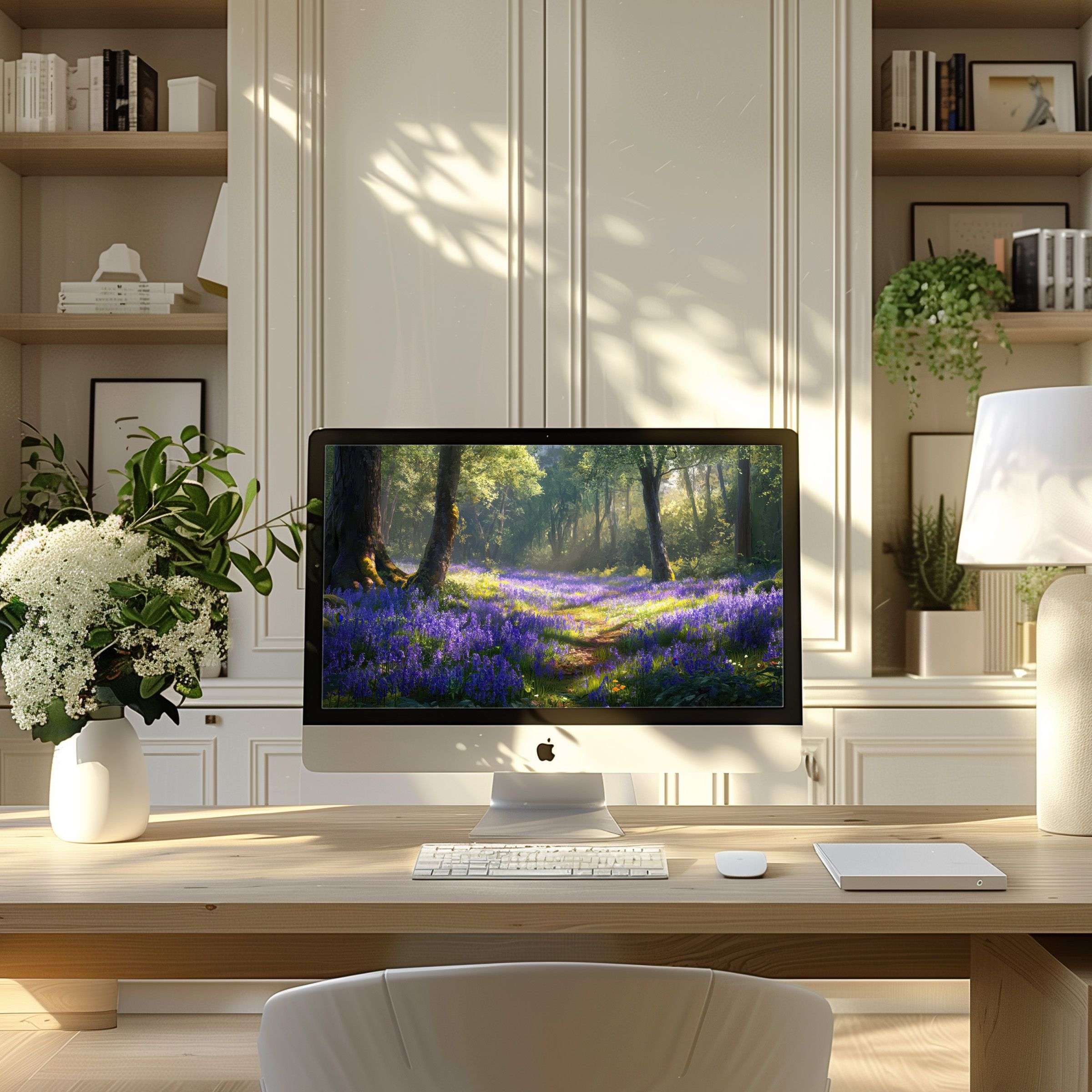 Elegant forest scene wallpaper for computer enhances calm in modern home office, perfect fit for PC, laptop, digital download