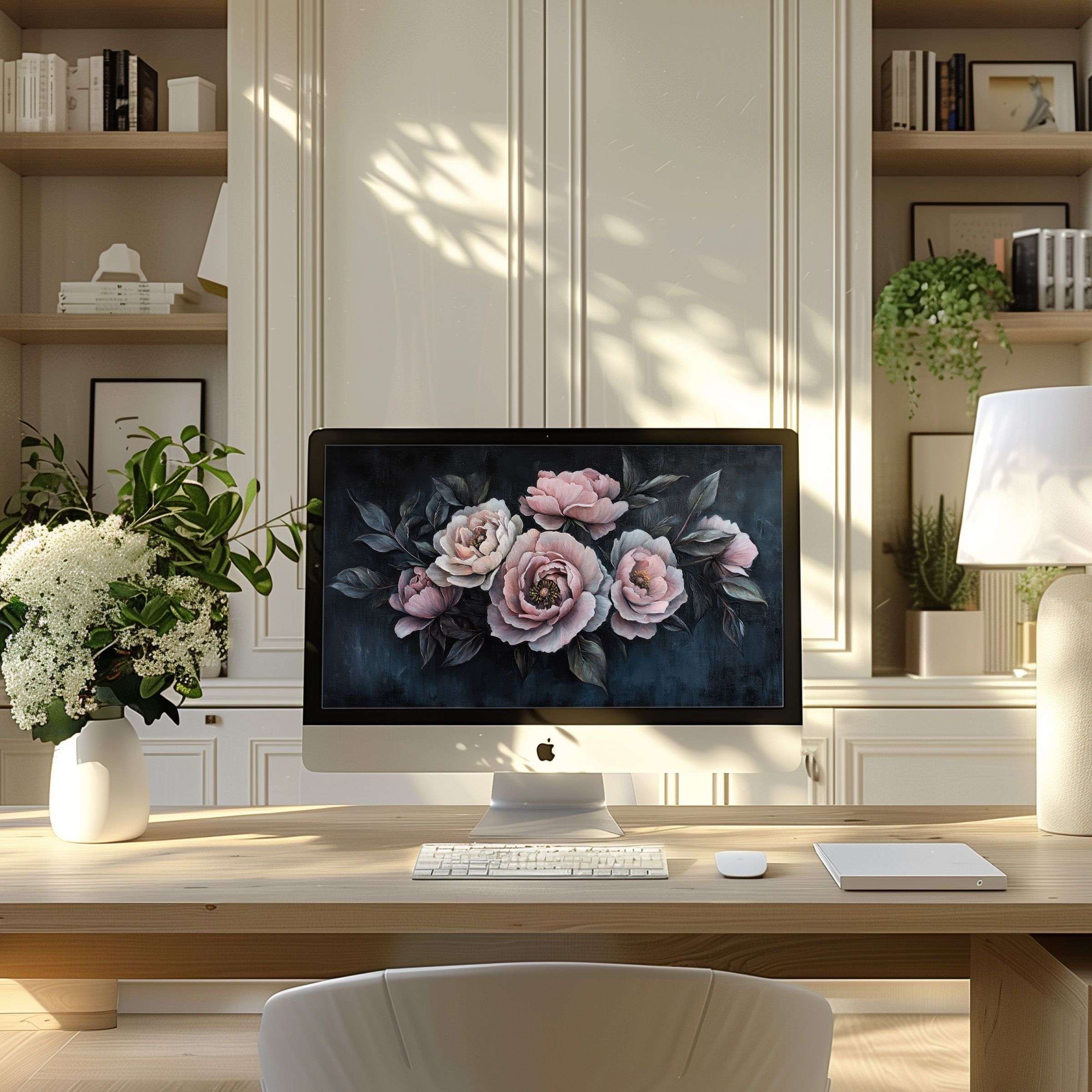 Elegant floral wallpaper for computer adds calm inspiration to any modern home office on PC, laptop, or ultrawide screens