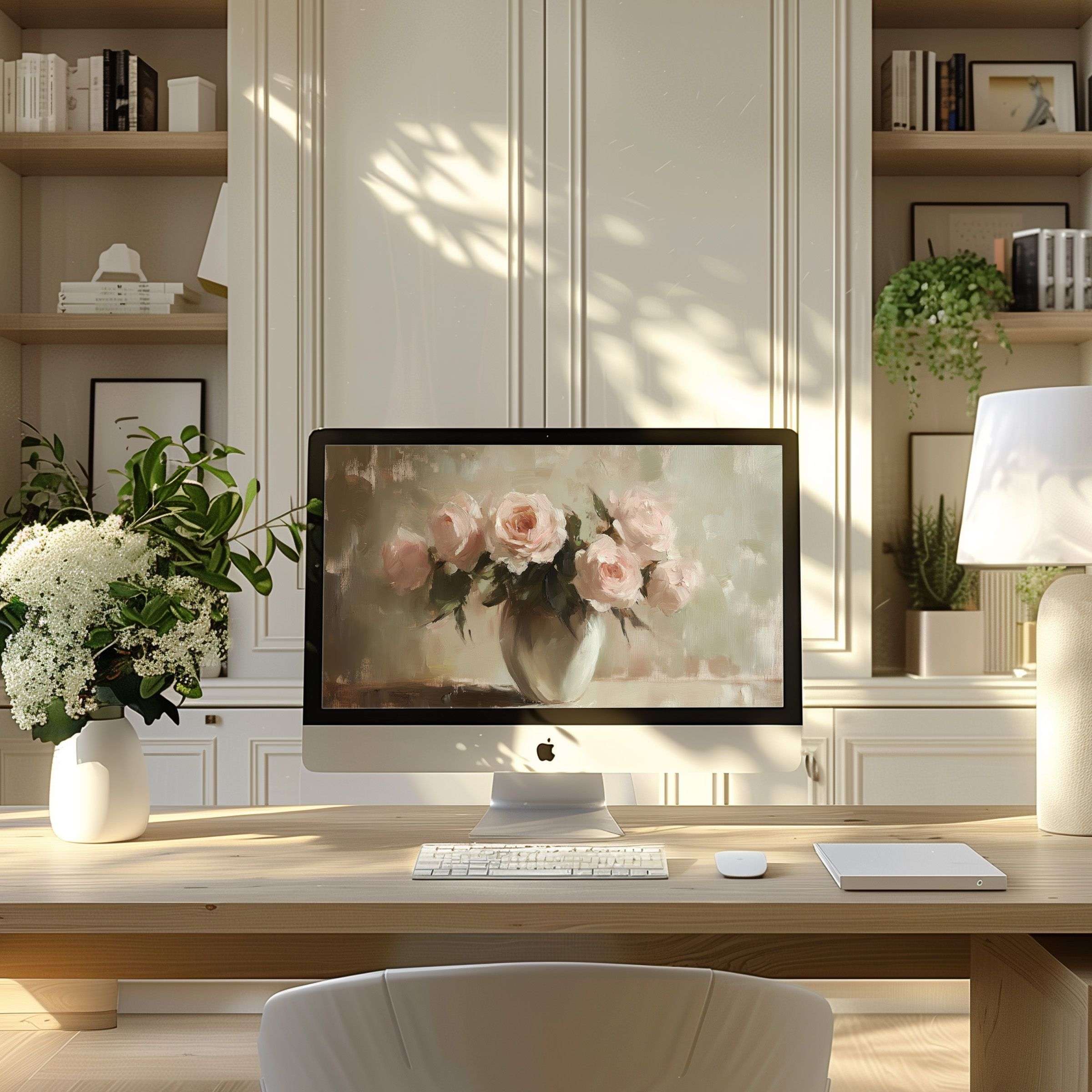 Elegant floral wallpaper for computer graces a modern home office, inspiring calm and fitting seamlessly on PC and laptop screens