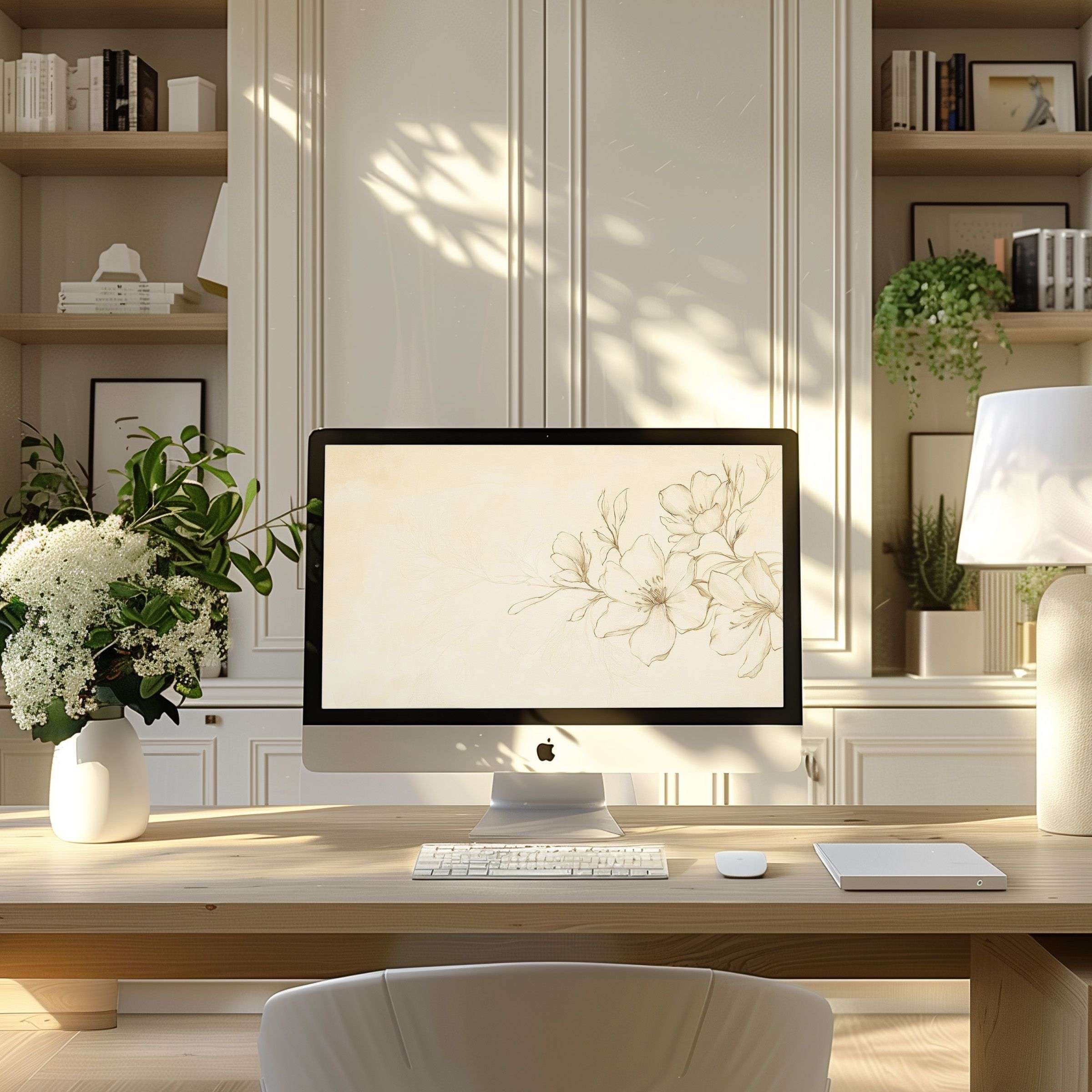 Elegant floral wallpaper for computer in soothing beige tones, enhancing a modern home office for PC and laptop, offering calm inspiration