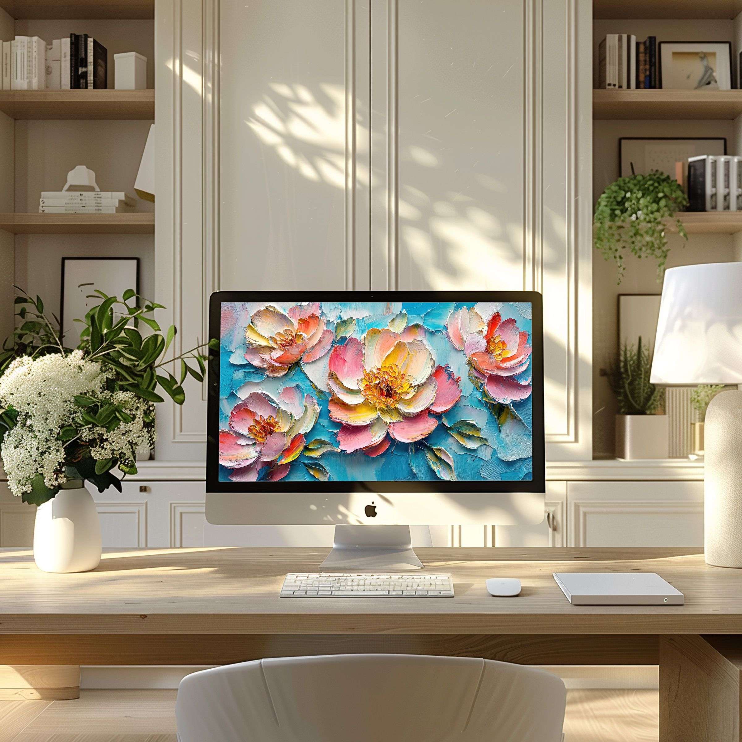 Calming digital floral art in modern home office, vibrant wallpaper for computer, enhances any PC or laptop, digital download