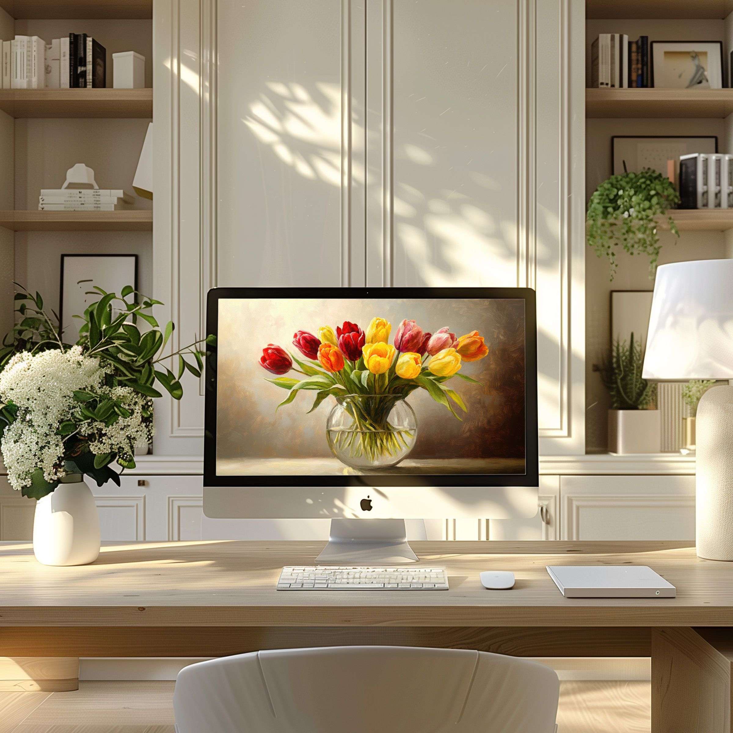 Elegant tulip digital art wallpaper for computer enhances calm and inspiration in a modern home office setting for PC and laptop