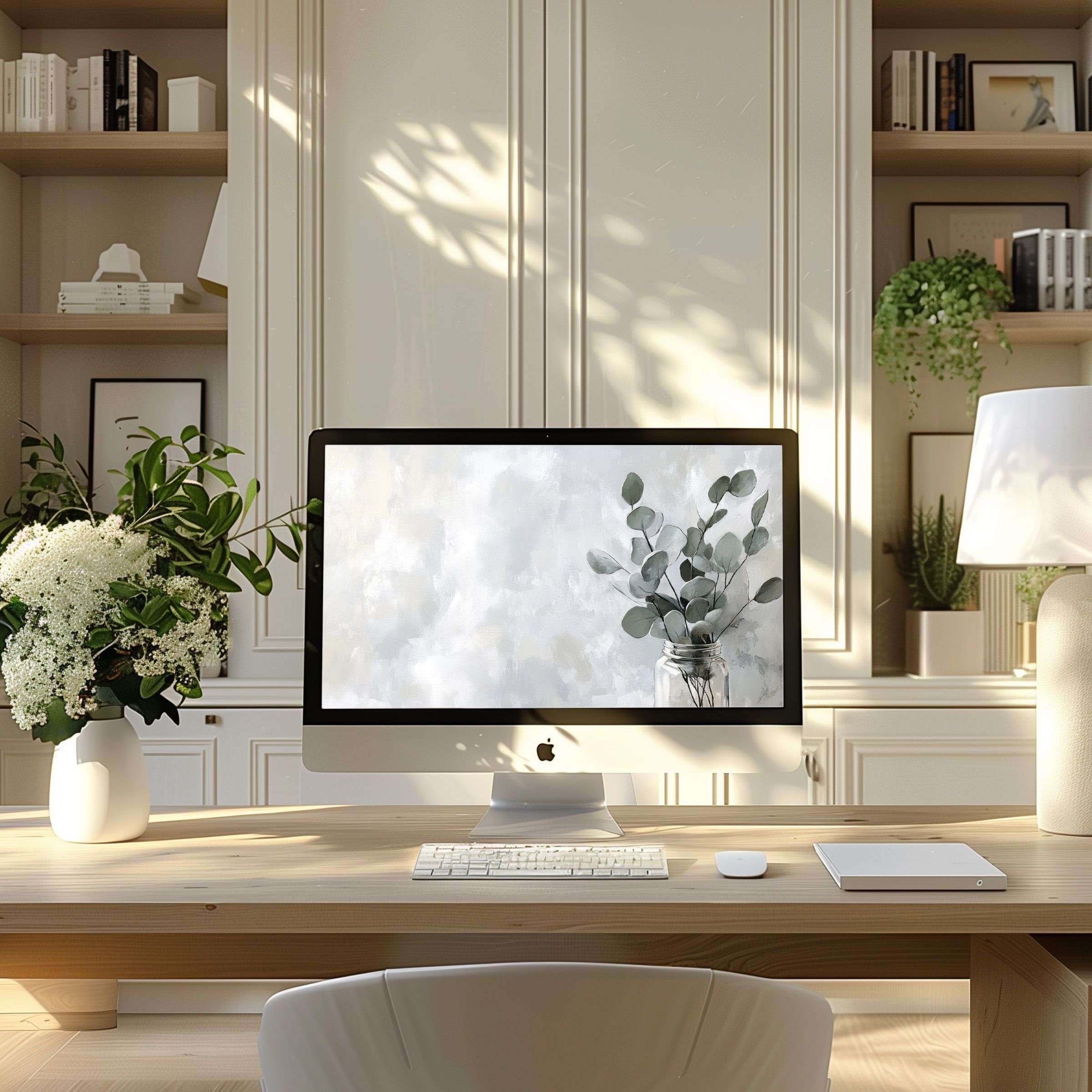 Elegant abstract leaves digital art offers a calming wallpaper for computer, PC, and laptop, inspiring a serene workspace ambiance