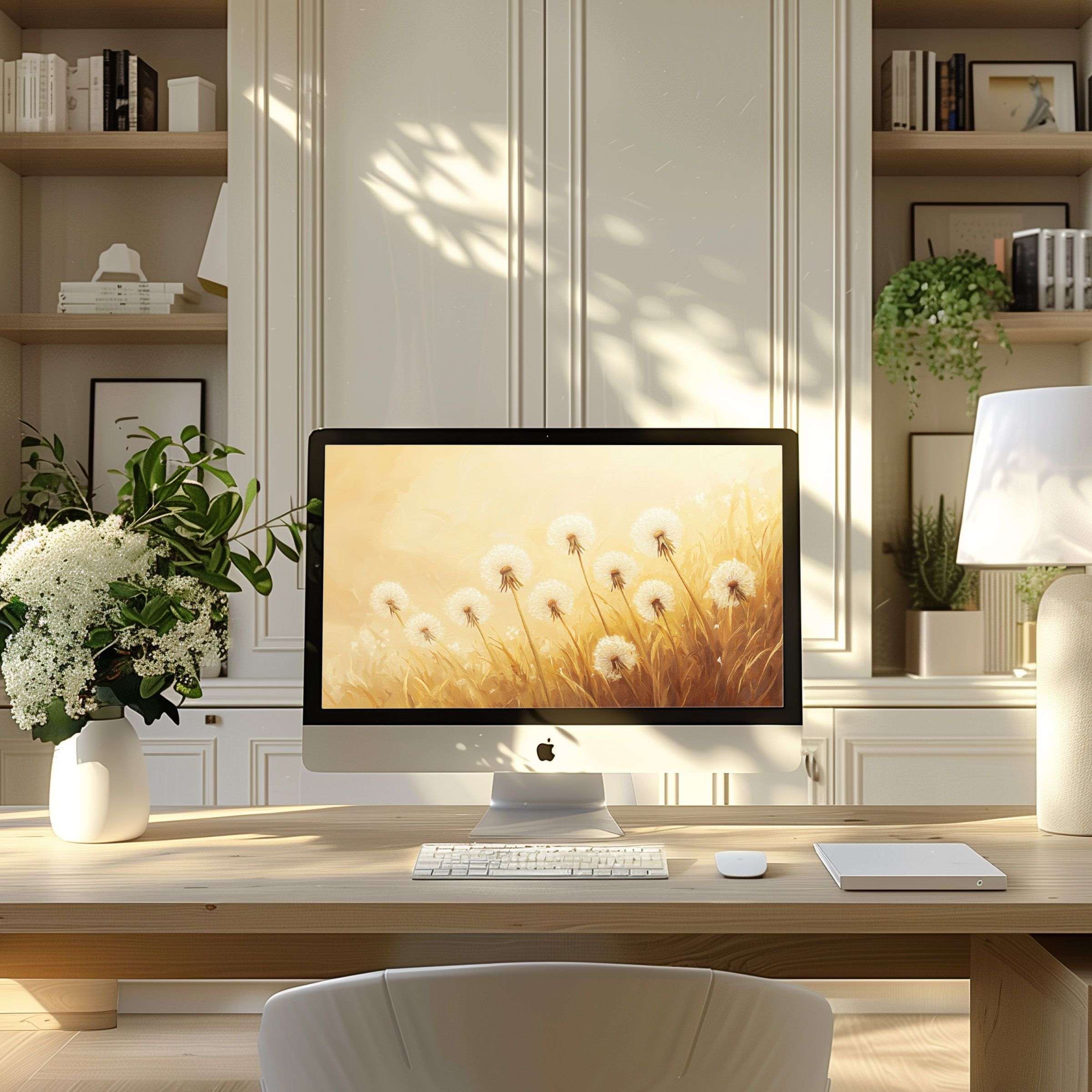 Elegant dandelion artwork wallpaper for computer and laptop creates a calm inspiring vibe in a modern home office setup