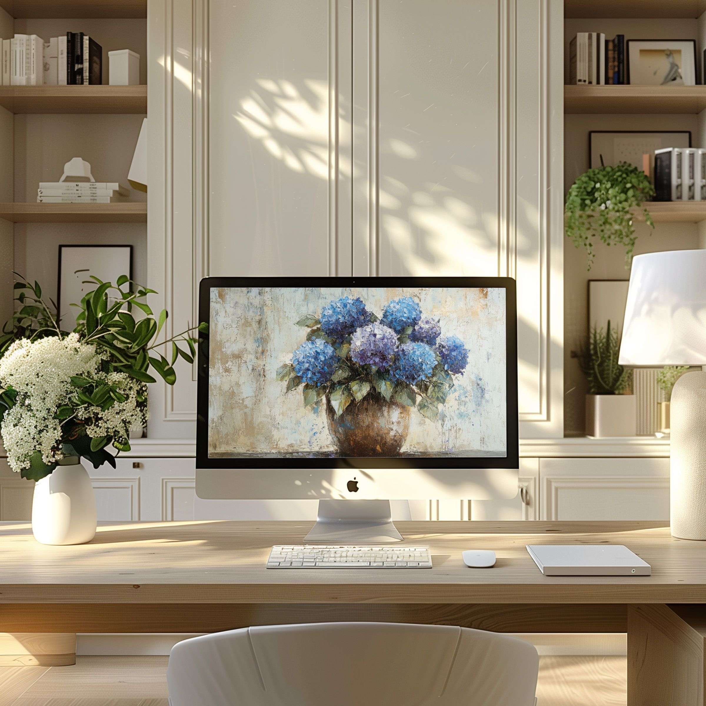 Elegant blue hydrangeas wallpaper for computer PC or laptop in a serene modern home office offers calm inspiration and beauty