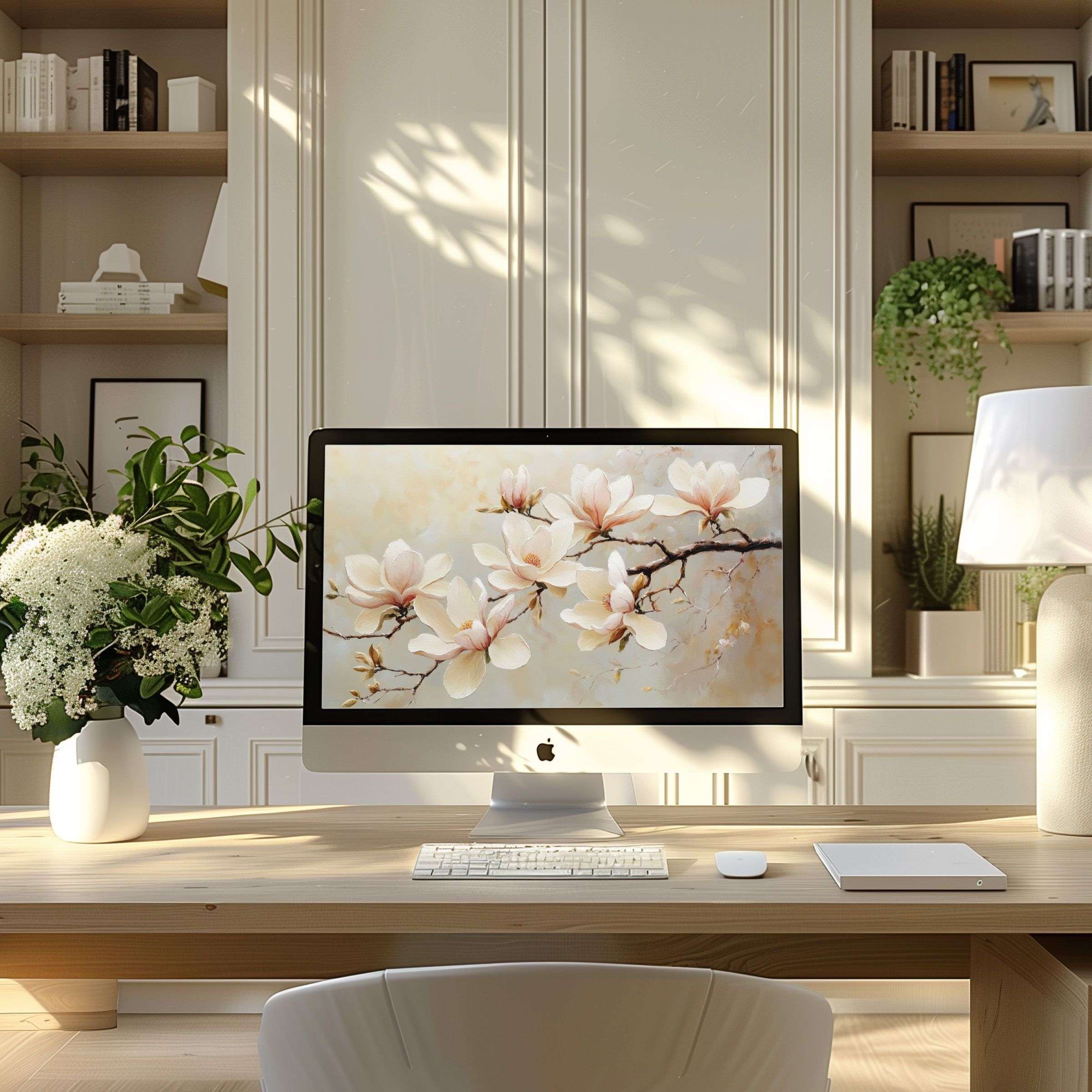 Elegant floral wallpaper for computer evokes calm and inspiration, perfect for PC and laptop, enhancing modern home office style