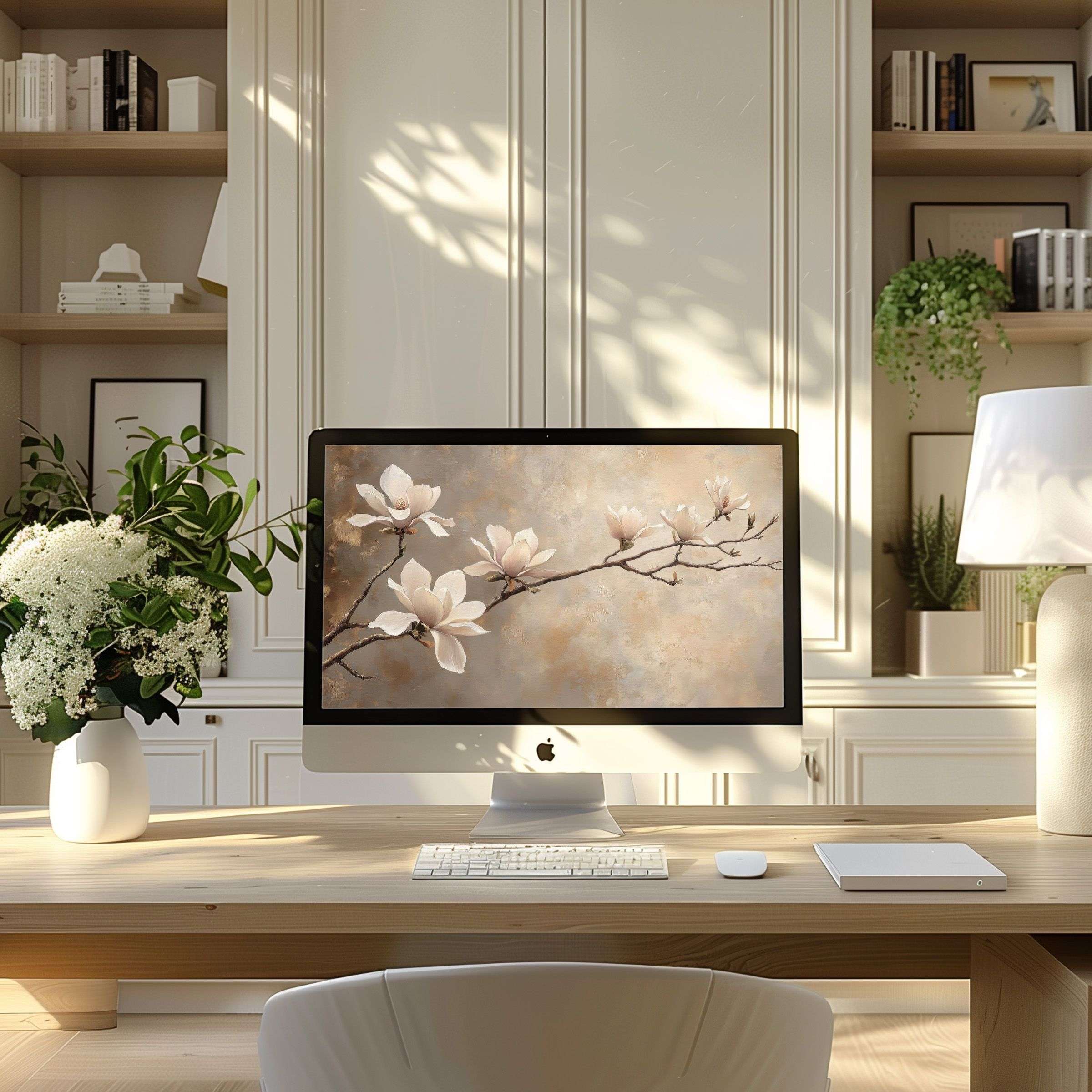Elegant floral computer wallpaper for PC or laptop, inspiring calm in a modern home office; perfect digital download for aesthetics
