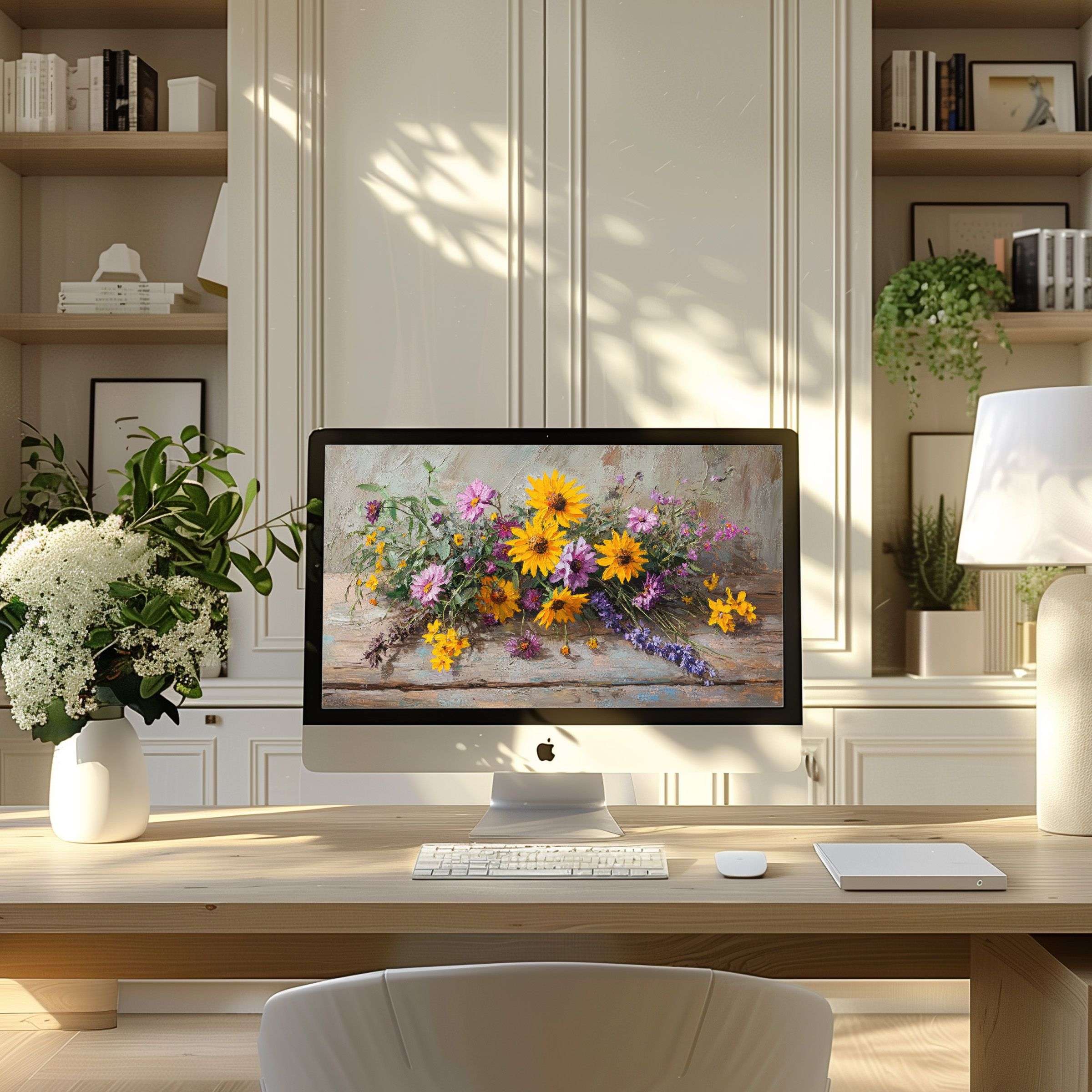 Elegant digital wallpaper for computer featuring vibrant florals enhances a modern home office offering calm on PC and laptop screens