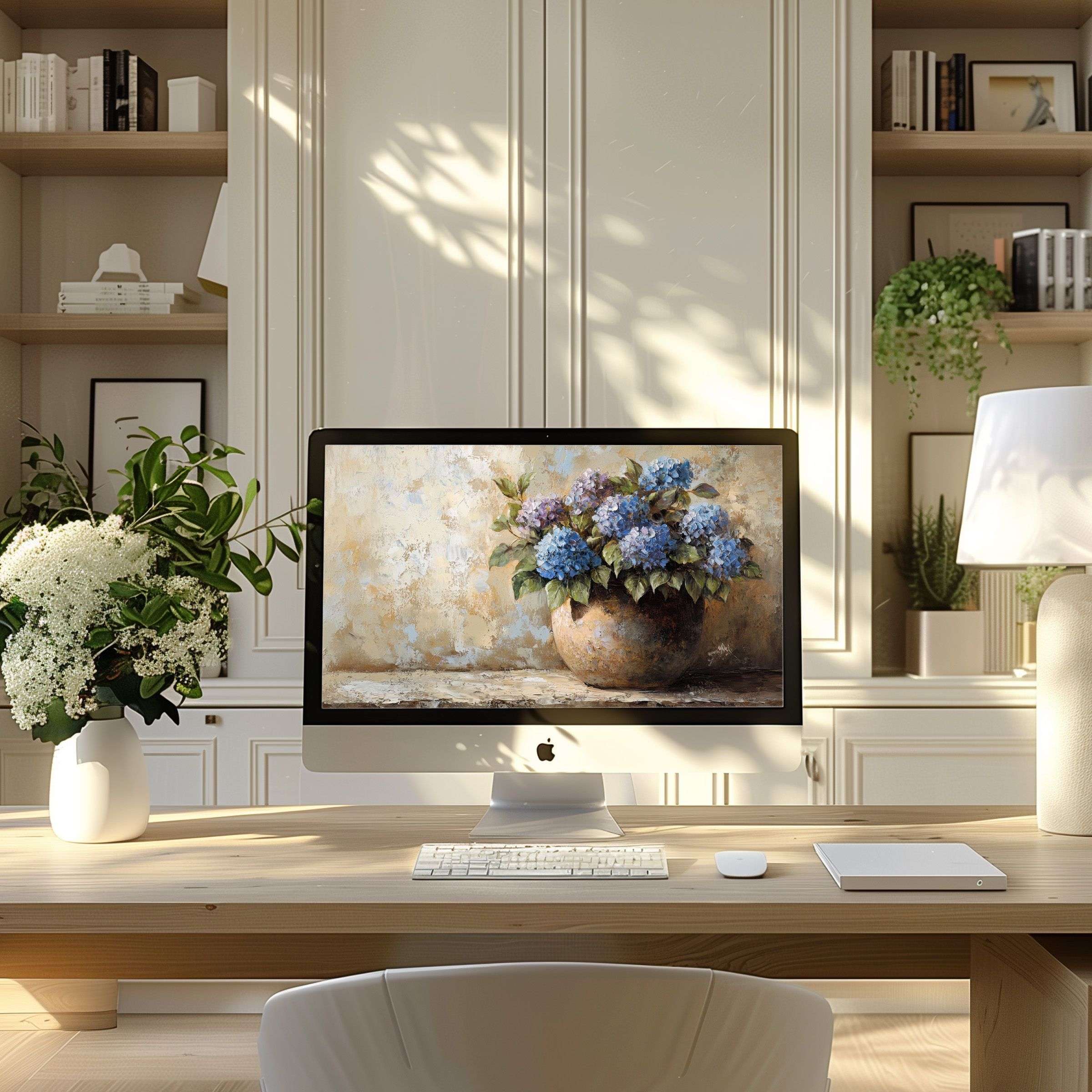 Elegant floral wallpaper for computer and laptop, adding calm and inspiration to a modern home office setting with digital download