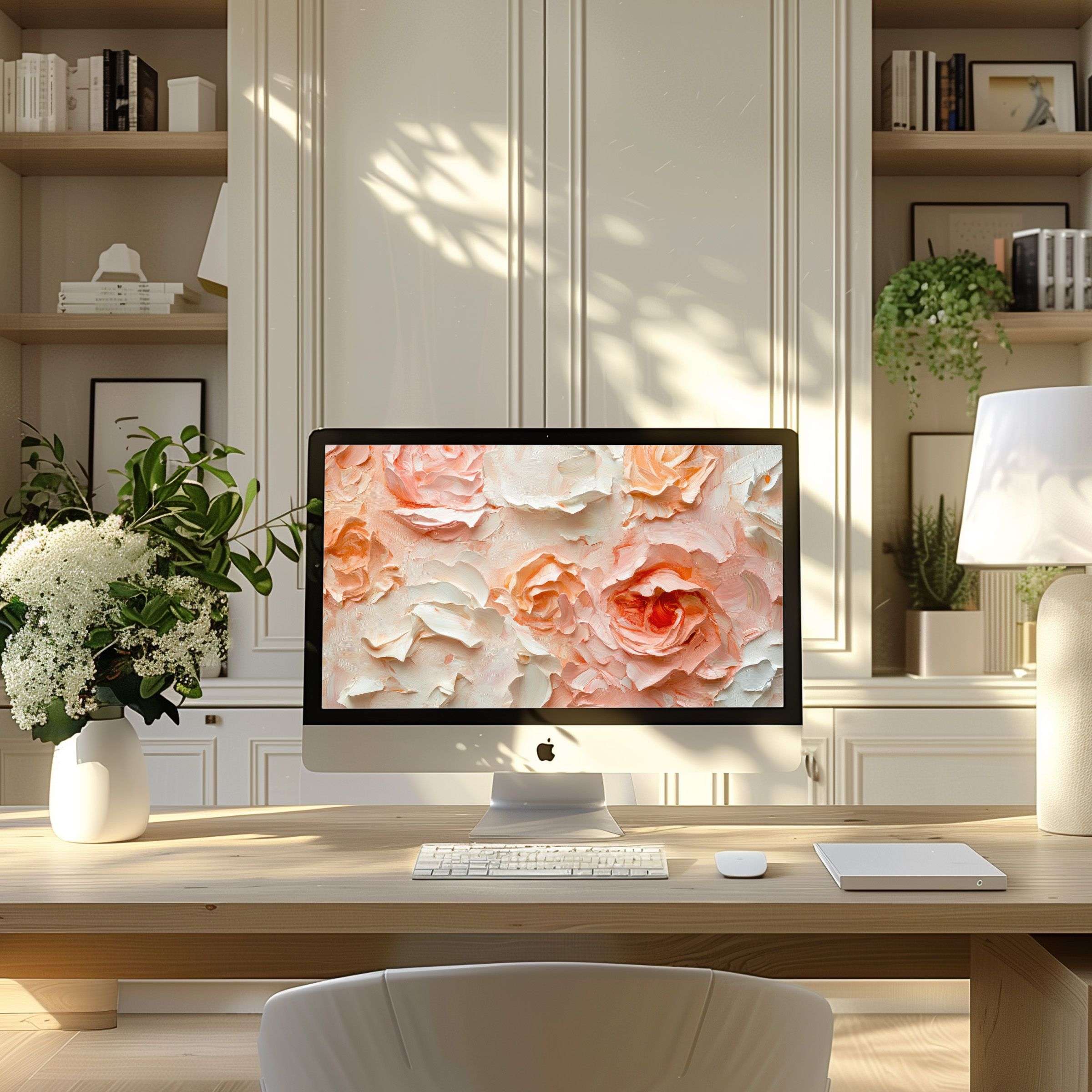 Elegant floral wallpaper for computer in soft pinks enhances a modern home office setting, inspiring calm for PC and laptop users
