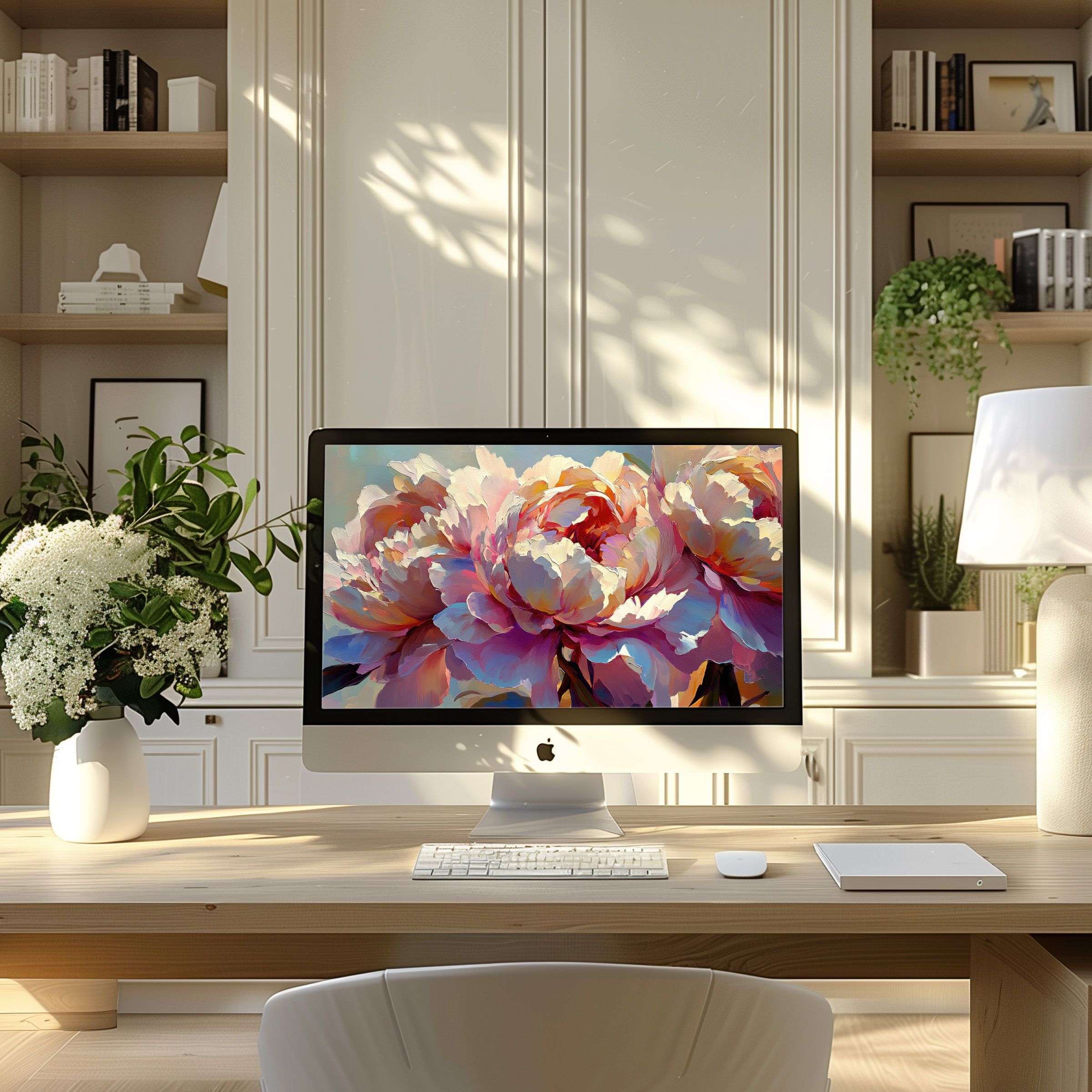 Elegant floral wallpaper for computer on a sleek PC in a modern home office inspires calm, fitting laptops too, digital download