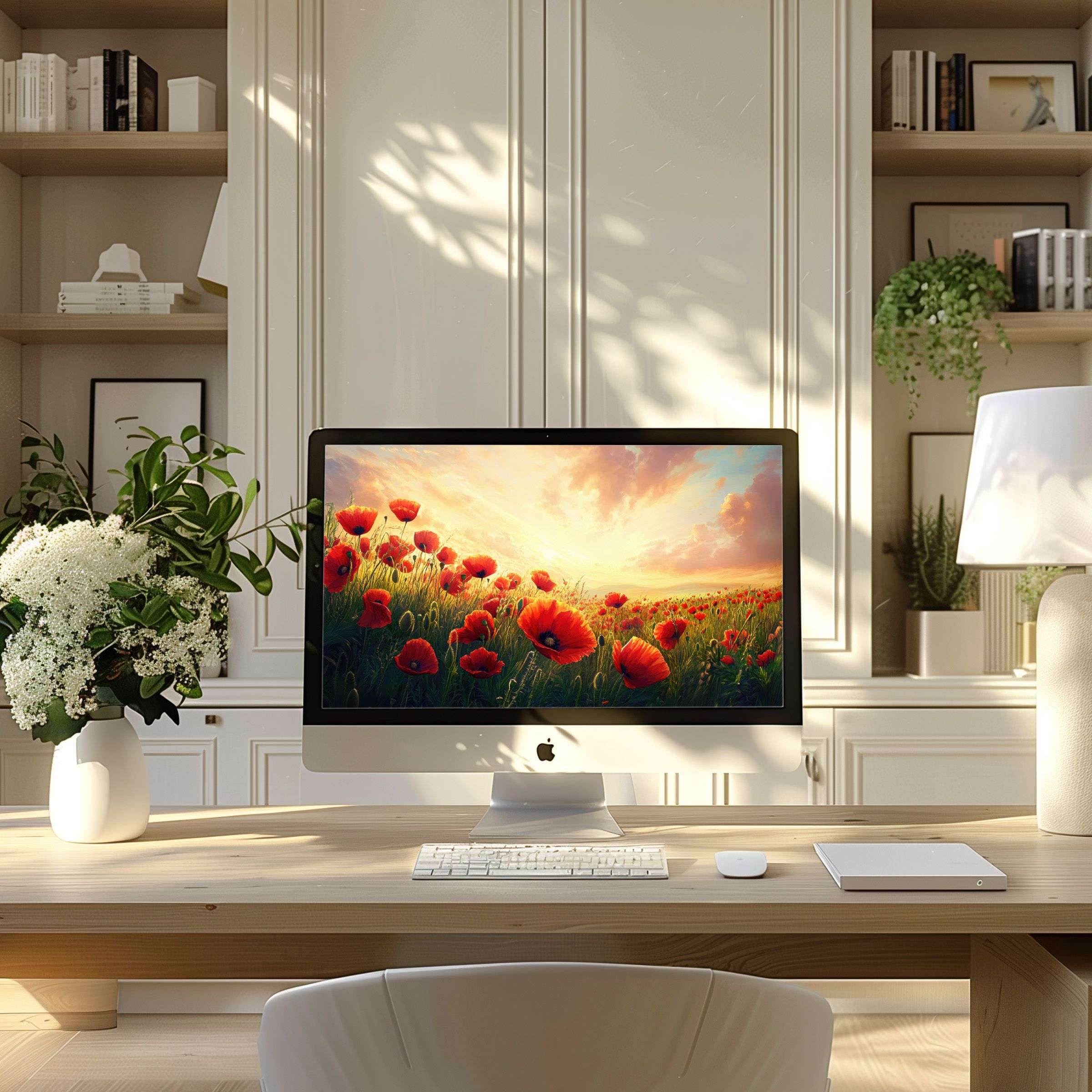 Elegant poppy landscape wallpaper for computer, perfect for PC or Laptop in modern office, inspiring calm and digital harmony