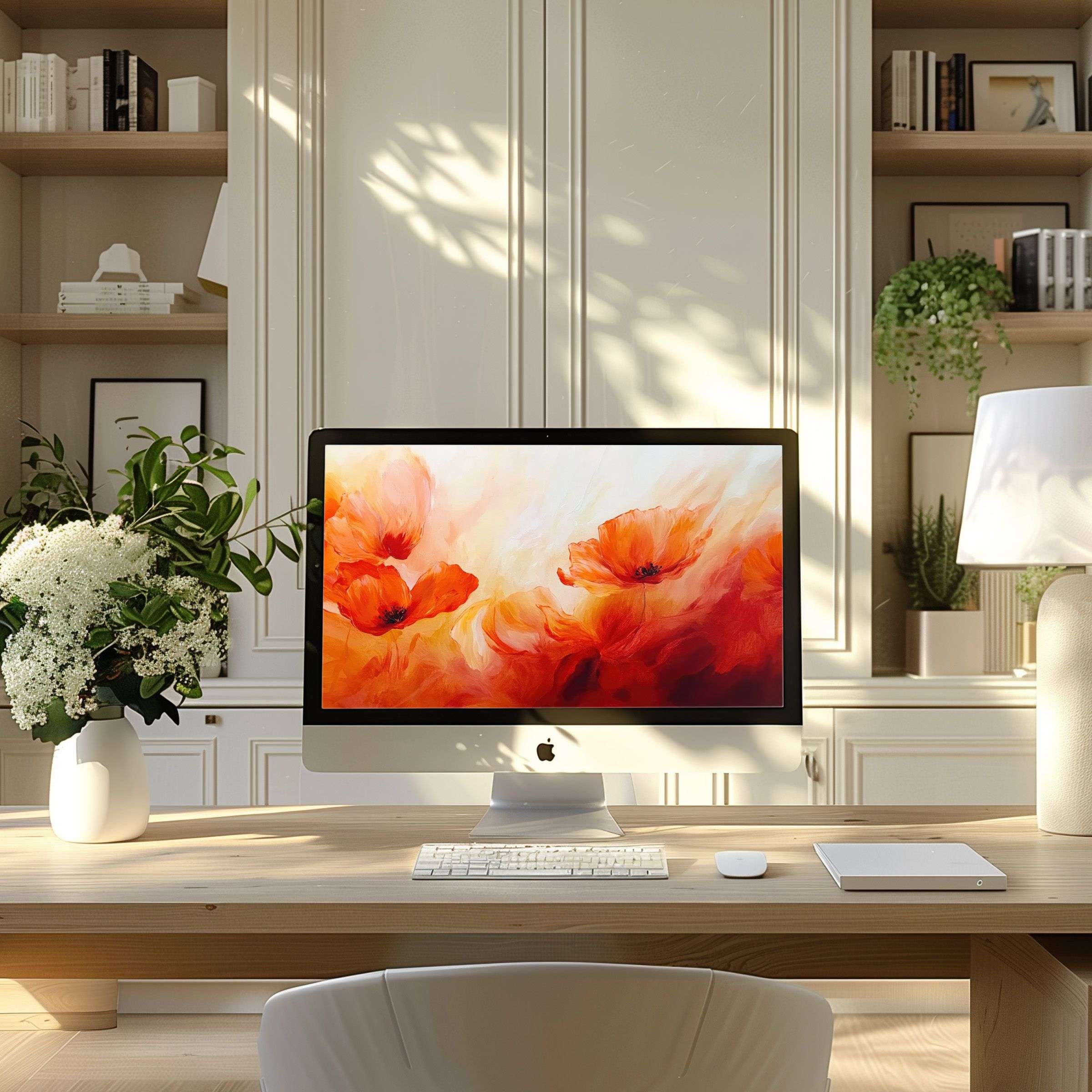 Elegant floral wallpaper for computer inspires calm sophistication, perfect for PC or laptop in a modern, serene home office setting