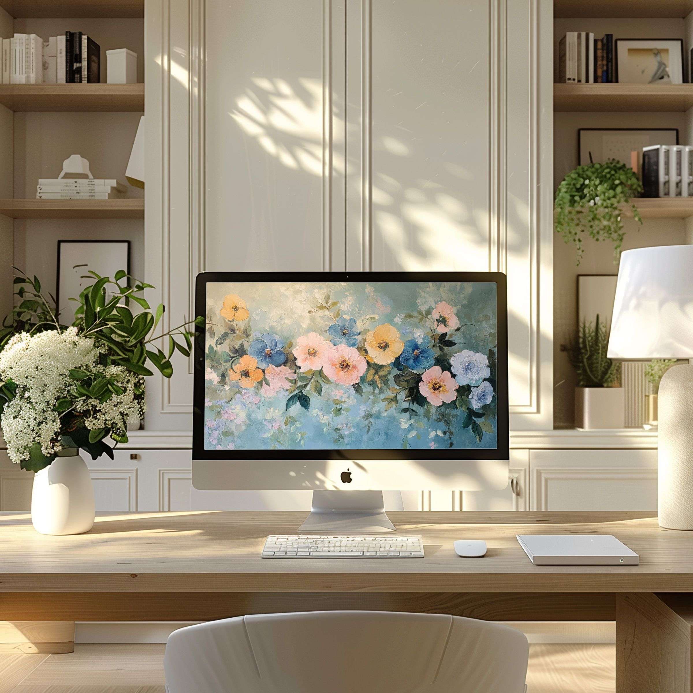 Elegant floral wallpaper for computer on PC or laptop adds calming inspiration to a modern home office, perfect digital download