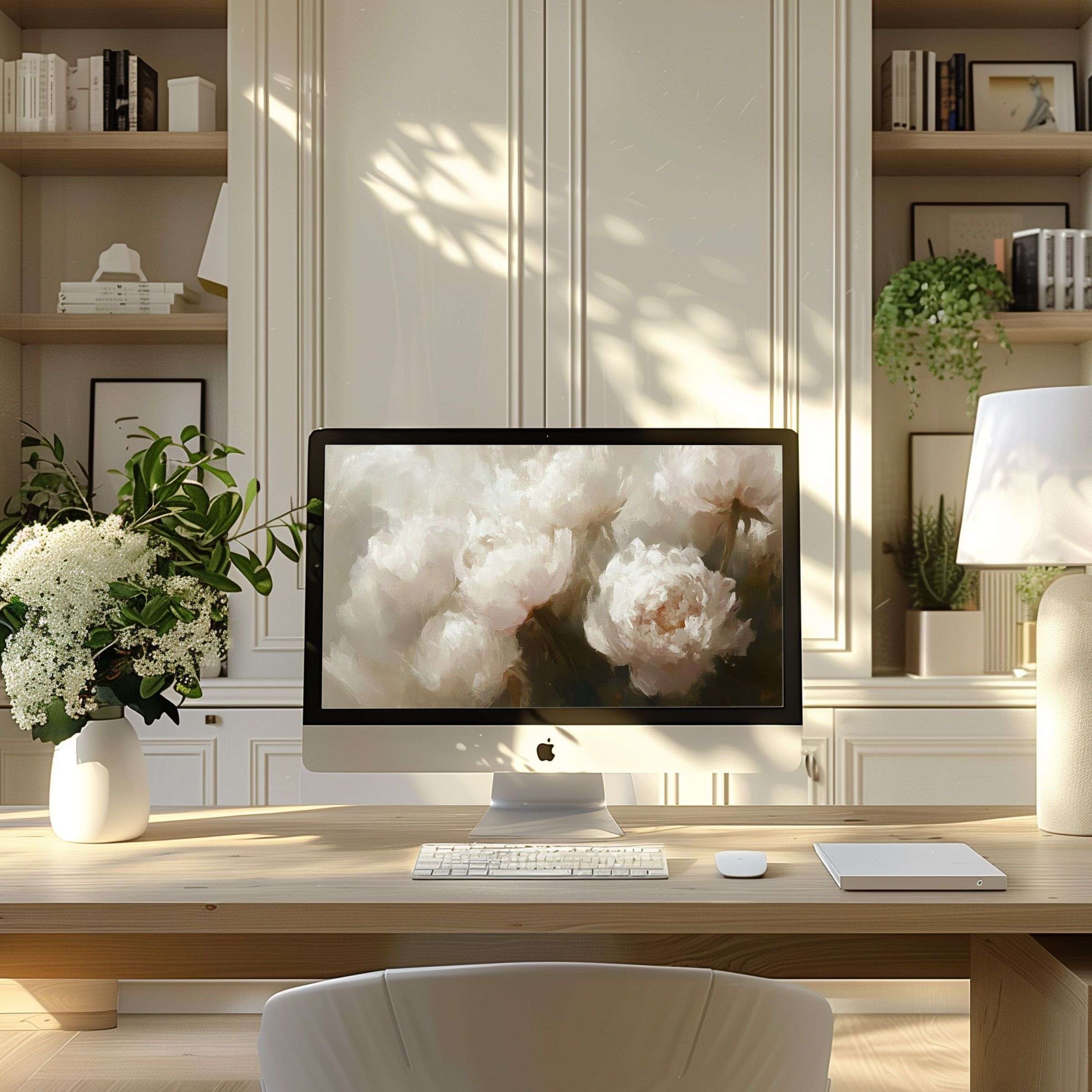 Elegant floral digital art wallpaper for computer, ideal for PC and laptop, enhances modern home office with calm inspiration