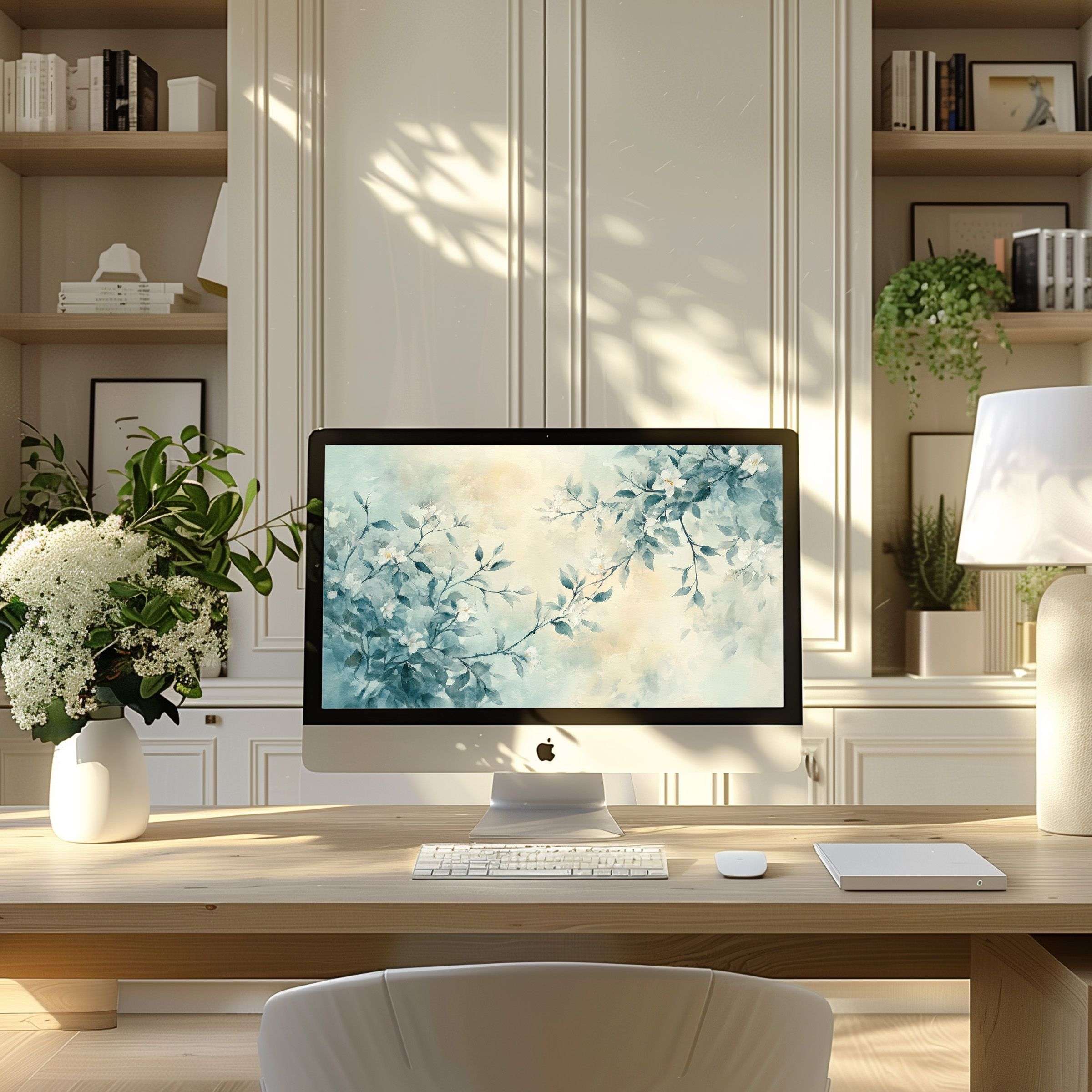 Elegant floral wallpaper for computer brings calm to a modern home office setup perfect for PC, laptop, ultrawide screens